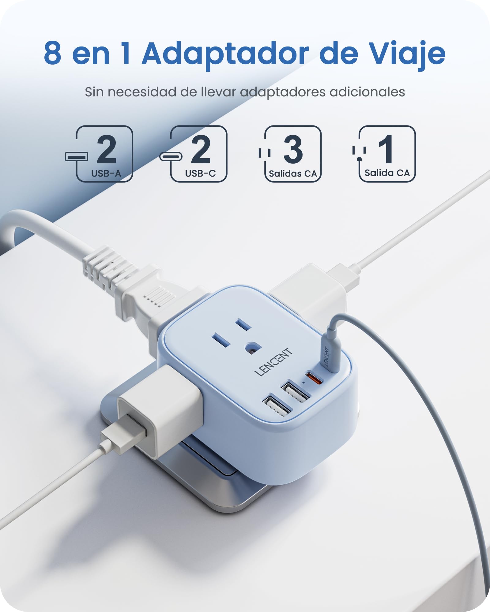 LENCENT Adaptador Europeo Plegable, Adaptador de Corriente con 4 Salidas y 4 Puertos USB (2USB C), Cargador Americano a Europeo para Alemania, España, Italia, Francia, Apto para Cruceros, Azul