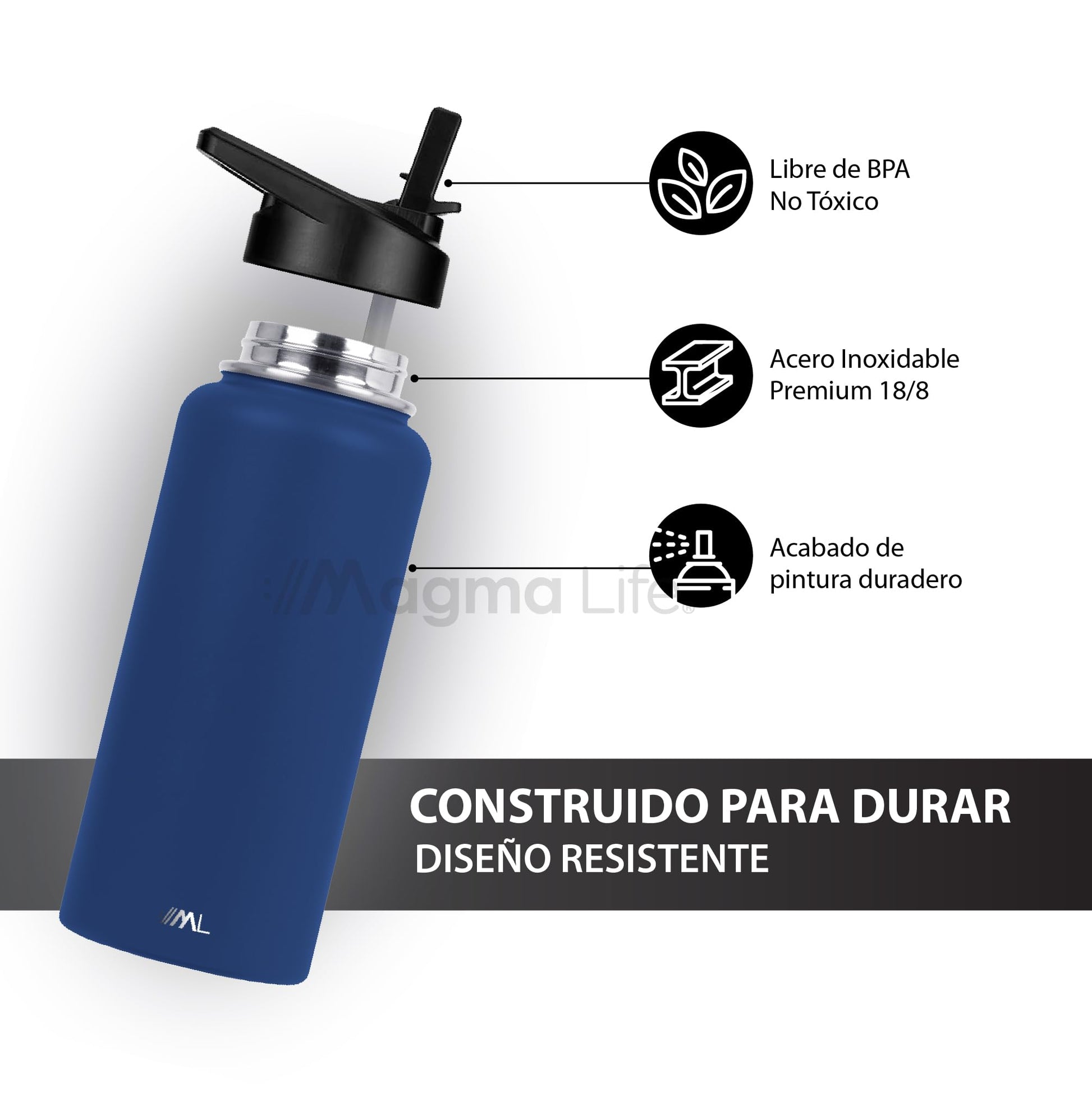 Magma Life Termo para Café y Agua de Acero Inoxidable 32 Oz (950 ml): Contiene 3 Tapas para Diferentes tipos de Bebidas, Ideal para Mantener la Temperatura Deseada (Navy)