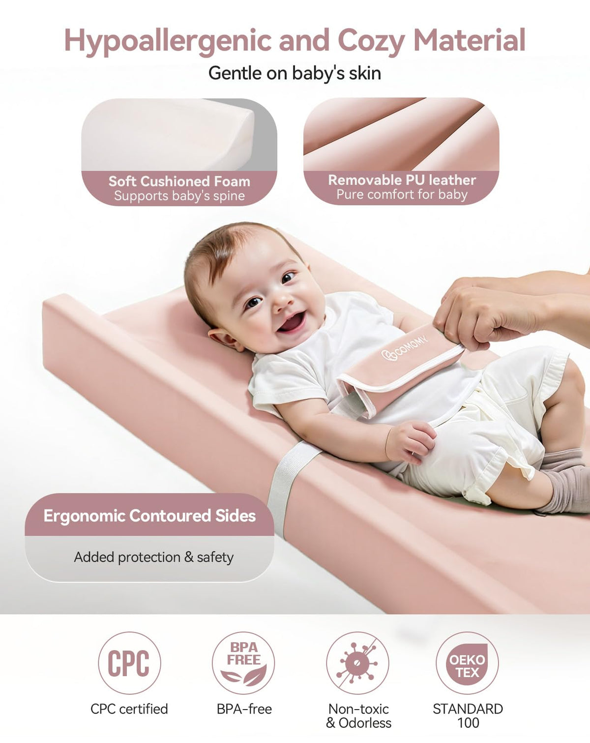 COMOMY - Cambiador de bebé con funda de poliuretano lavable e impermeable, cambiador de pañales contorneado para cómoda con cinturón de seguridad antideslizante, portátil y ligero, espuma acolchada