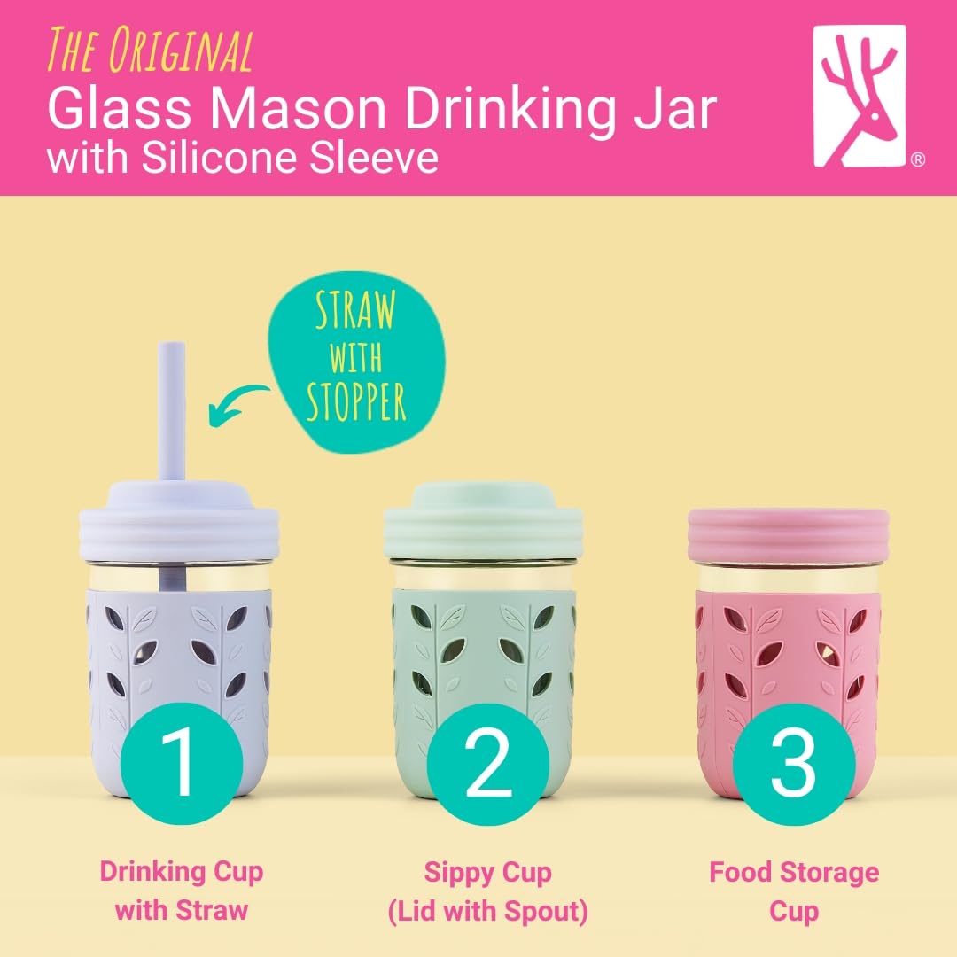 Elk and Friends - Vasos de vidrio para niños y niños pequeños, el tarro de vidrio original de 8 onzas con mangas + tapas, pajitas de silicona + tapón | Taza para batidos, almacenamiento de alimentos