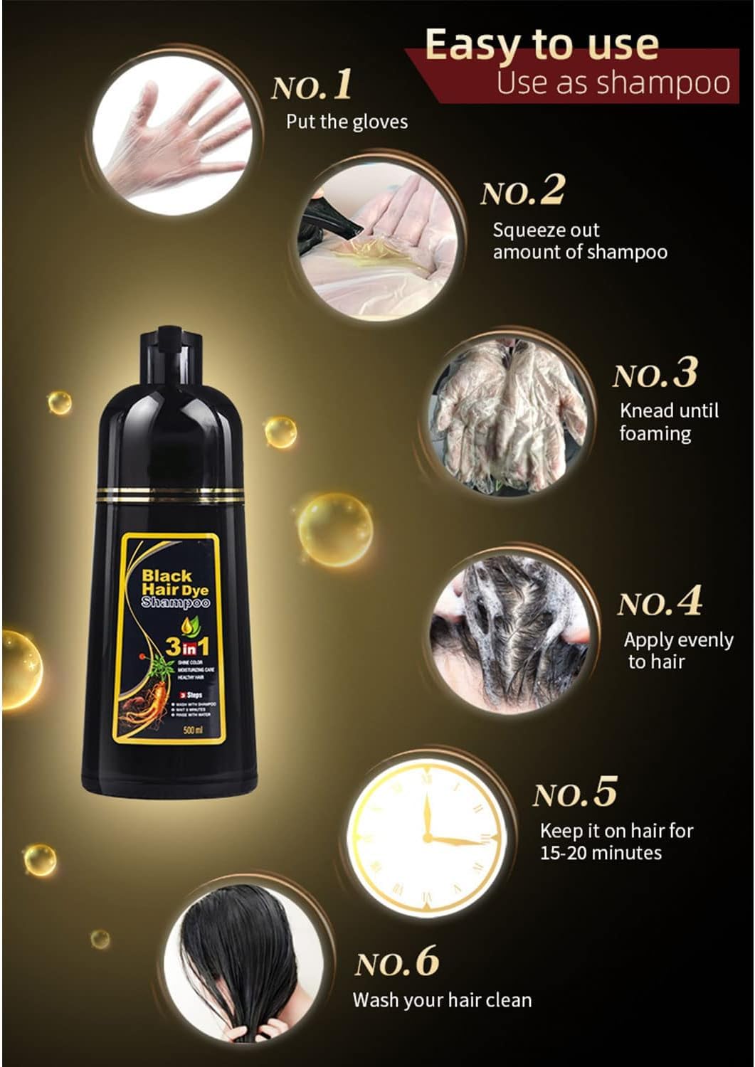 Black Instant Hair Color Shampoo for Gray Hair, 3 In 1 Black Hair Dye Shampoo, 100% Grey Coverage, Easy Hair Dye Shampoo