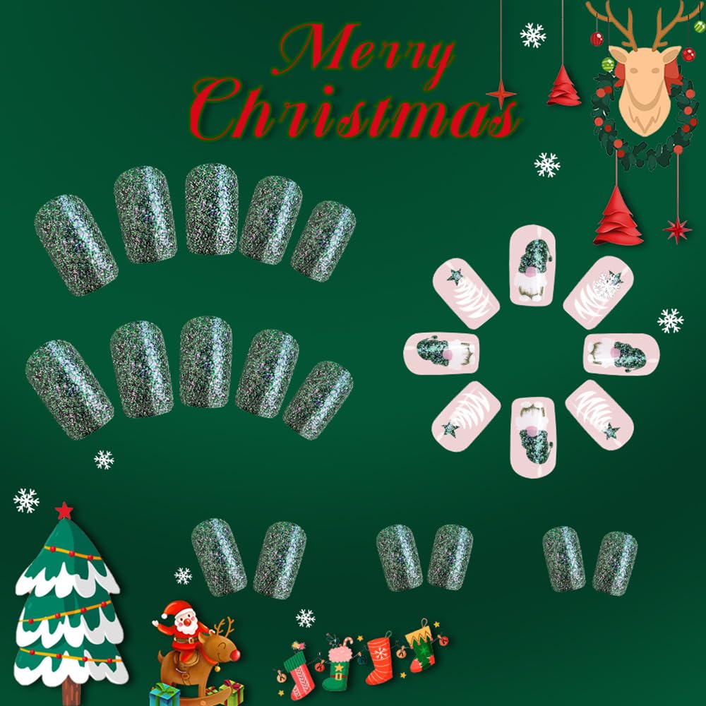 Uñas postizas navideñas de tamaño mediano, cuadradas, con purpurina verde, diseño de ataúd, con diseños de enanos de Papá Noel, cobertura total, uñas acrílicas postizas brillantes para mujeres y