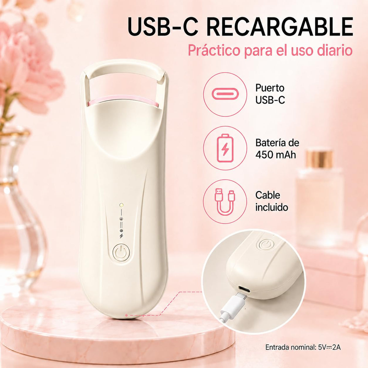 Rizador de Pestañas Eléctrico, Enchinador Térmico Recargable USB-C con 2 Niveles de Temperatura 65°C/85°C, Calentamiento Rápido y Curva 3D, Mini Rizador Portátil para Maquillaje