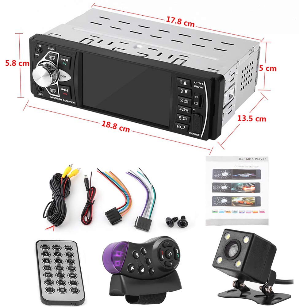 Haofy Radio Estéreo Inalámbrico para Coche con Pantalla Táctil de 4.1 Pulgadas, Cámara de Visión Trasera, Bluetooth, Reproductor MP5 Universal