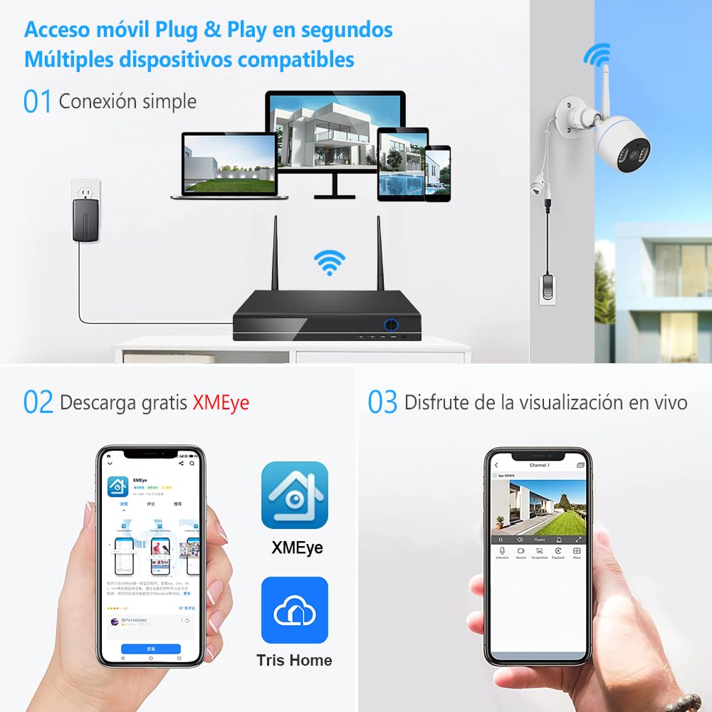 Kit de Cámara de Seguridad EASYTAO 2K 8CH 3MP WiFi con Vision Nocturna y Detección de Movimiento Inalámbrico Impermeable IP66