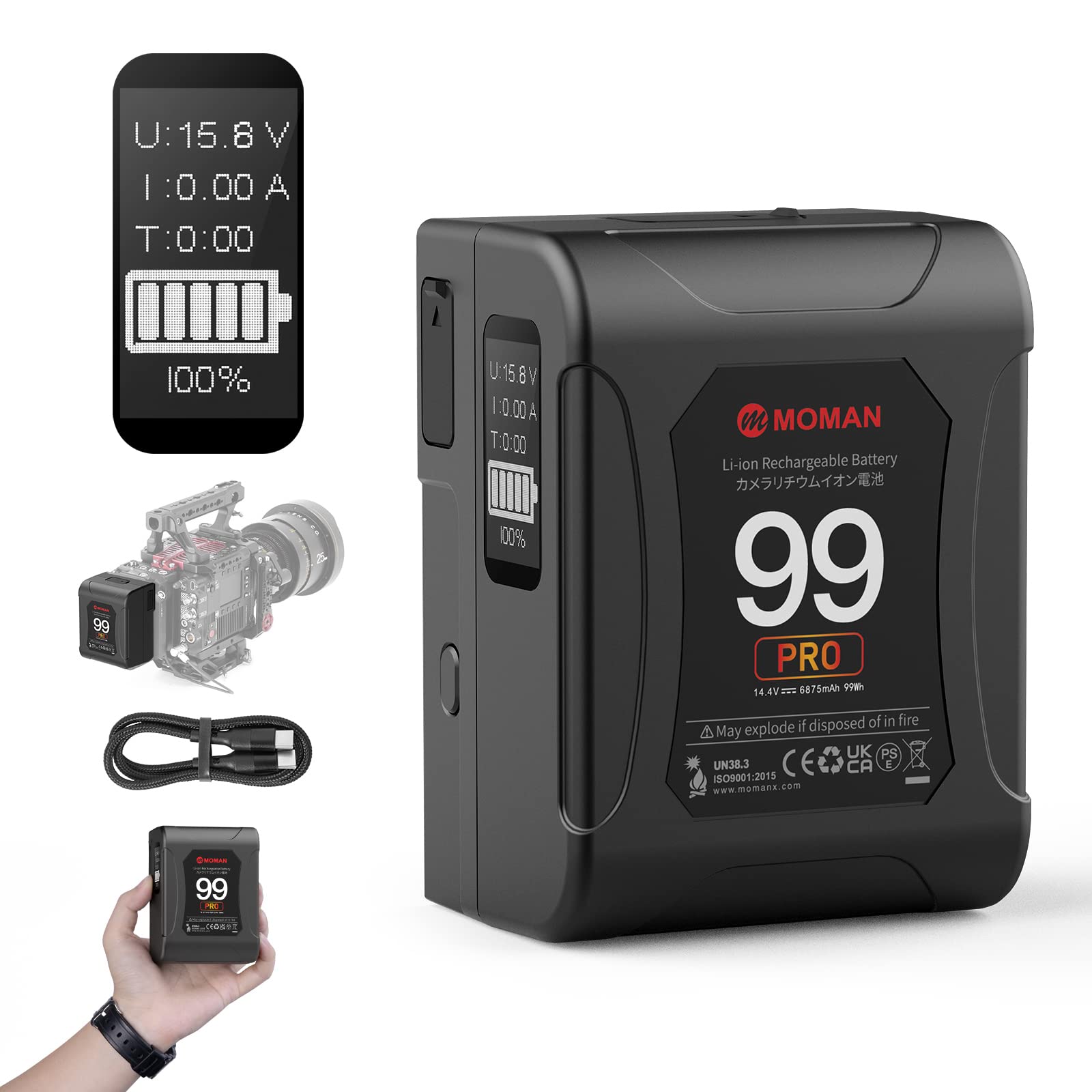 Batería V Mount Moman Negra con Pantalla OLED para Videocámara BMPCC
