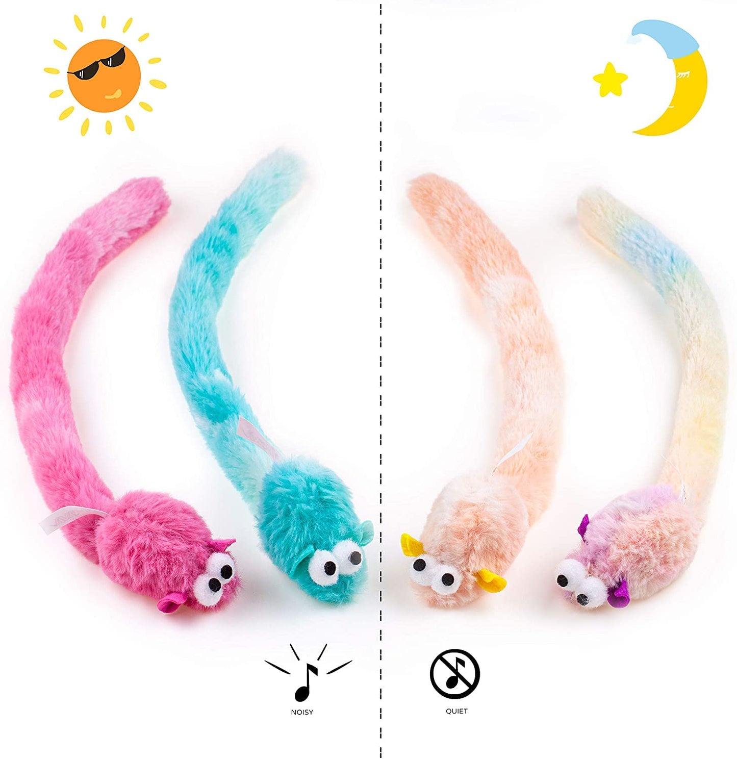 Chiwava 4 Paquetes de 15 Pulgadas de Largo Suave Felpa Gatos Juguetes Ratones con Sonido de Campana, pequeño Mouse de Actividad Interactivo