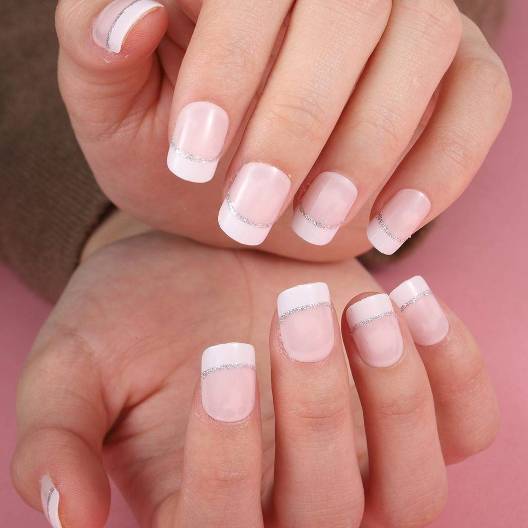 Chicque 24 uñas postizas cuadradas cortas con purpurina rosa brillante, cubierta completa, uñas falsas de boda para mujeres y niñas