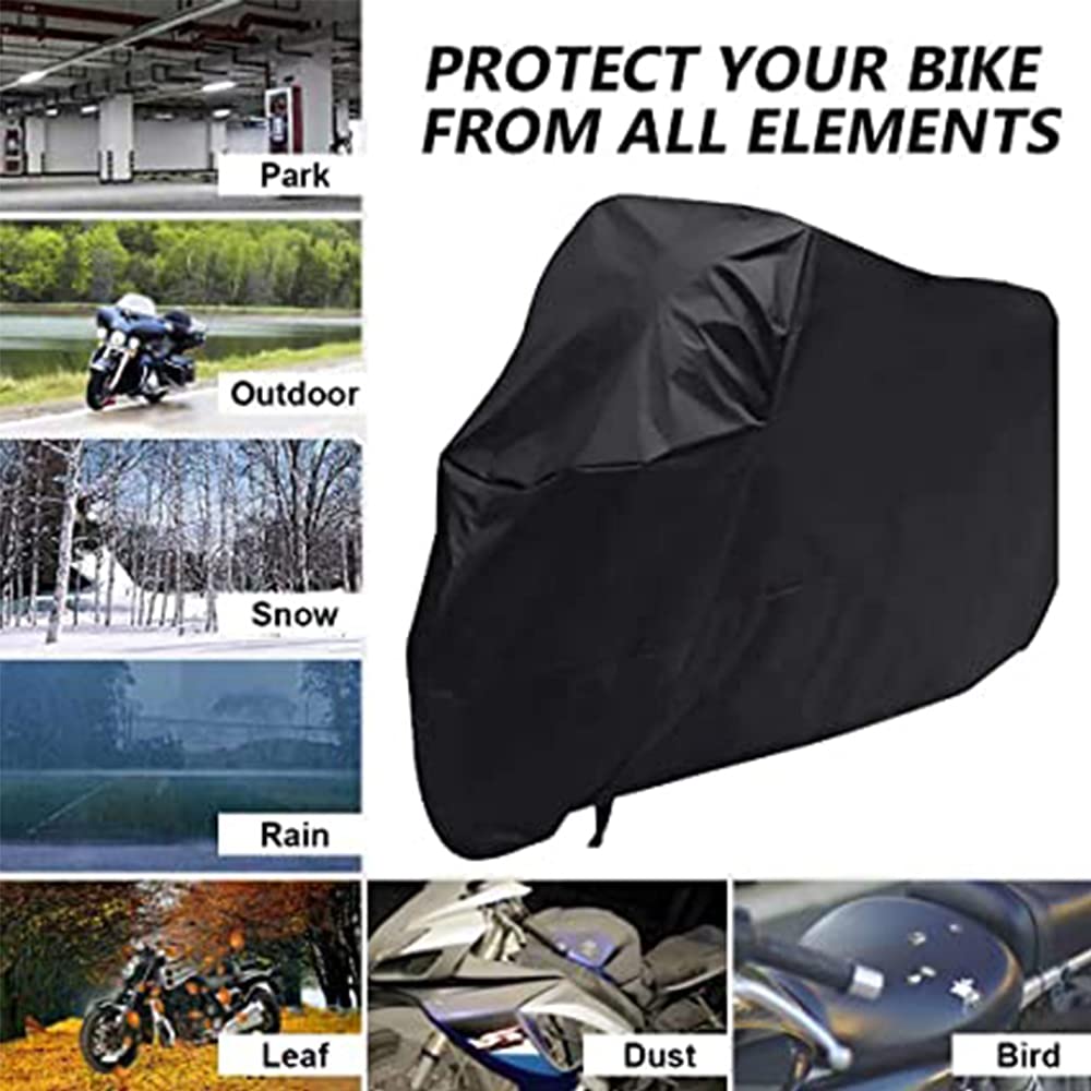 Jiula Cubierta Impermeable para Motocicletas 210D 2XL - Funda para Moto Protectora a Prueba de UV Lluvia Polvo Viento Nieve Excremento de Pájaro al Aire Libre (245 * 125 * 105 cm, Negro)