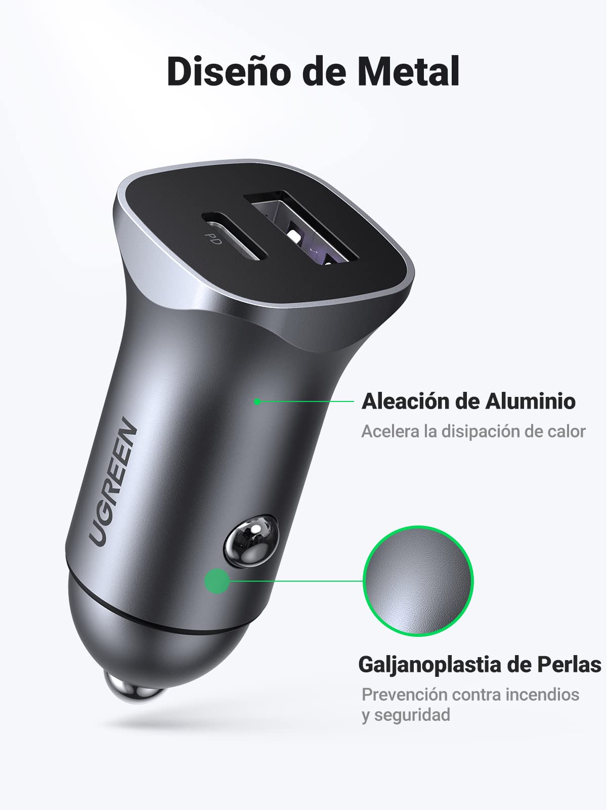 UGREEN 30W Cargador de Coche con Cable USB C a C 1M, 24W Adaptador de Vehículo Tipo C y A Compatible con iPhone 16/15/14/13/12 Pro MAX/SE, iPad Pro, Galaxy S25/S24/S23/S22/S21/S20 Ultra/Note