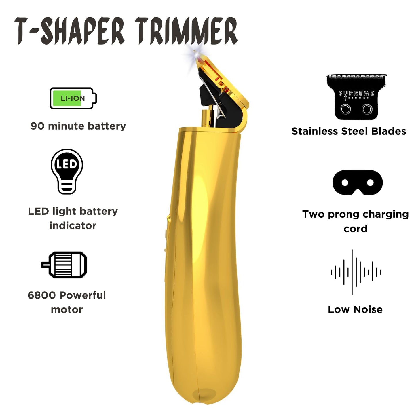 Supreme Trimmer Recortadora para hombres profesional, cortapelos, barba, bigote, patillas, viaje inalámbrica, LED, USB, dorado cromado, T-Shaper Li