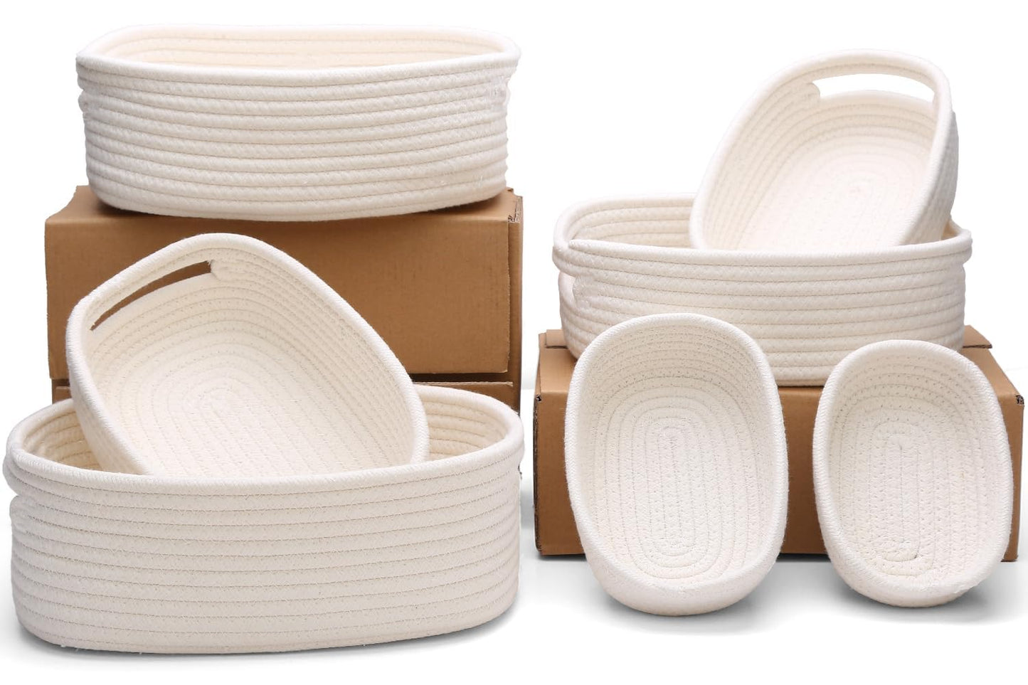 HLWDFLZ - Juego de 7 cestas tejidas de cuerda de algodón – Cesta pequeña para guardería de bebé, mascotas, Montessori, cajas de juguetes para perros y gatos, cubos de organización de baño (blanco)