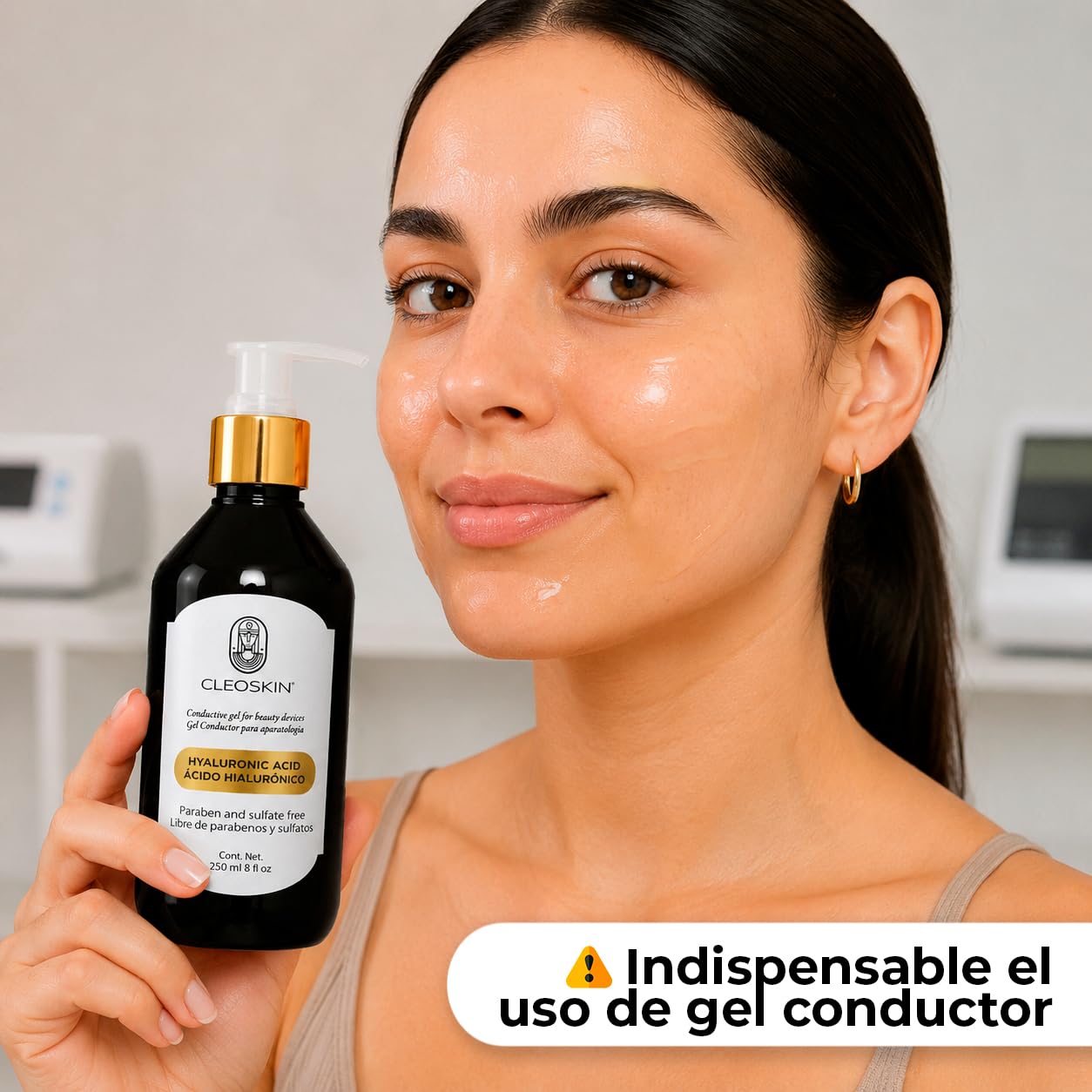 CLEOSKIN Kit Masajeador Facial de Microcorriente EMS con Gel Conductor de Ácido Hialurónico 250ml Tonificador Electroestimulador Reafirmante Efecto Lifting Antiarrugas