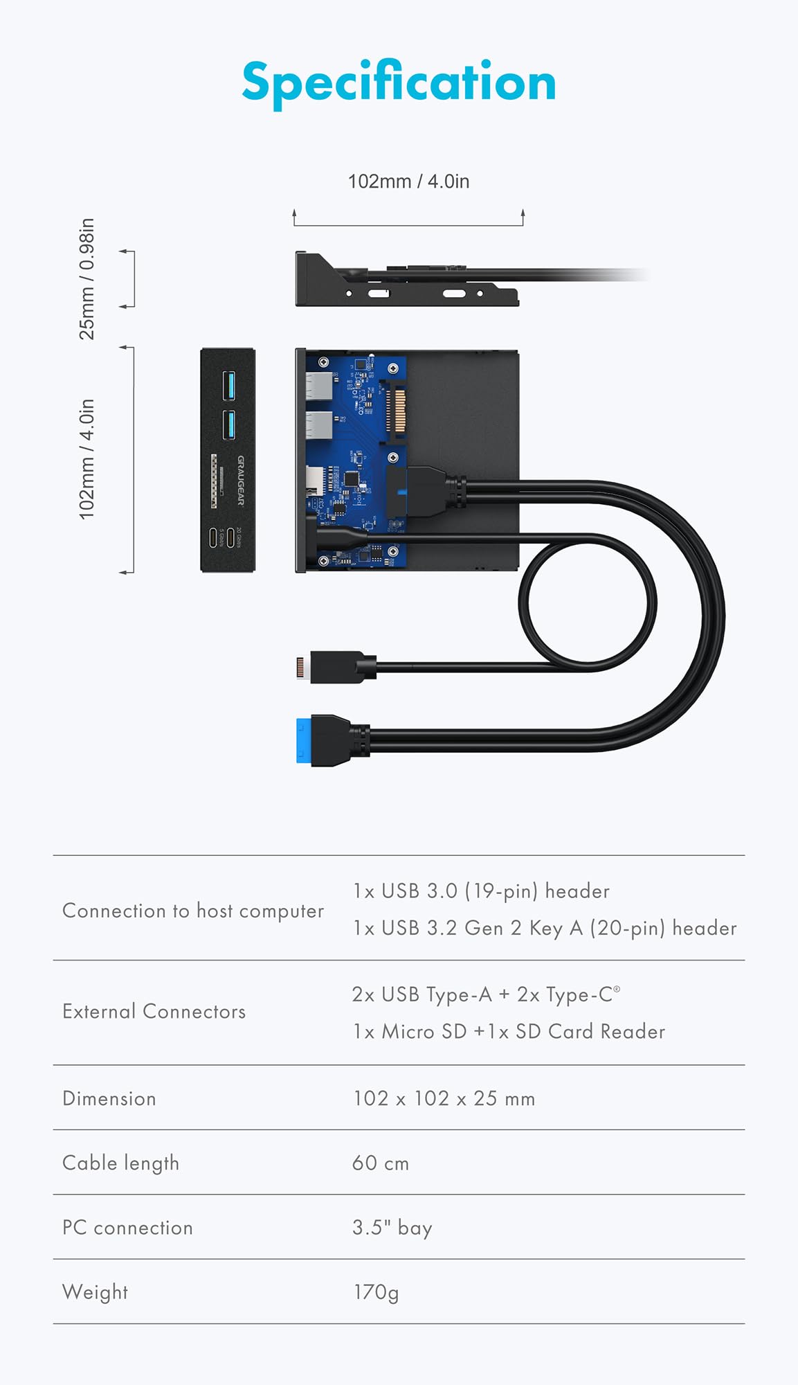 GRAUGEAR Hub USB de panel frontal de 3.5 pulgadas con lector de tarjetas interno, USB 3.2 Gen2 USB-C, puertos USB 3.0, ranuras para tarjetas SD MicroSD/TF, cabezal de llave A de 20 pines y conexión de alimentación SATA, bahía de 3.5 pulgadas [G-MP01CR]