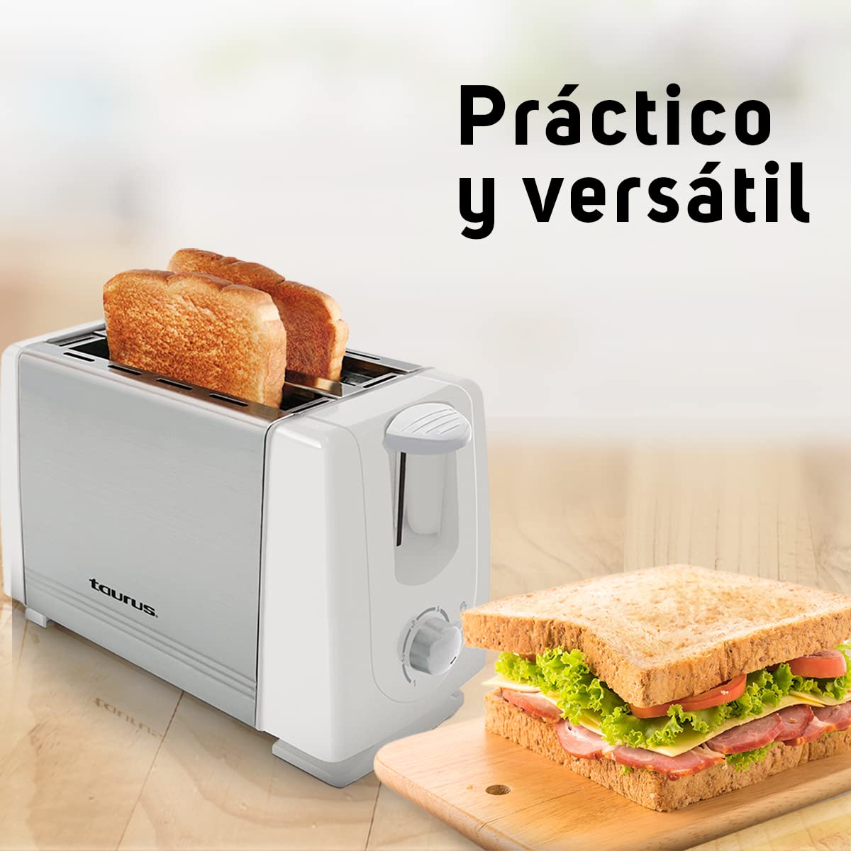 TAURUS-ESPAÑA LEONIS WHITE | Tostador para Pan | 2 Rebanadas | 7 Niveles de Tostado | Botón de Paro | Laterales de Tacto Frío | tostador de pan compacto