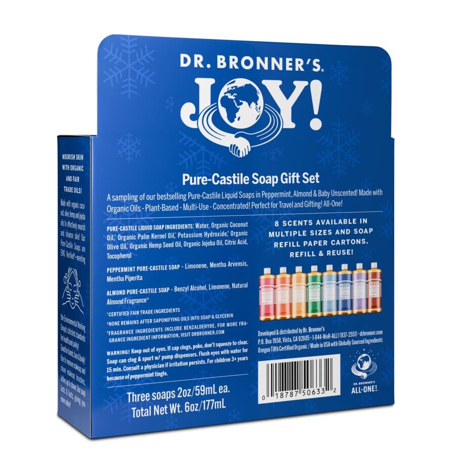 Dr. Bronner's | Set de regalo de jabones de castilla concentrados y versátiles en travel size; 3 aromas: Menta, Almendra y Sin Aroma