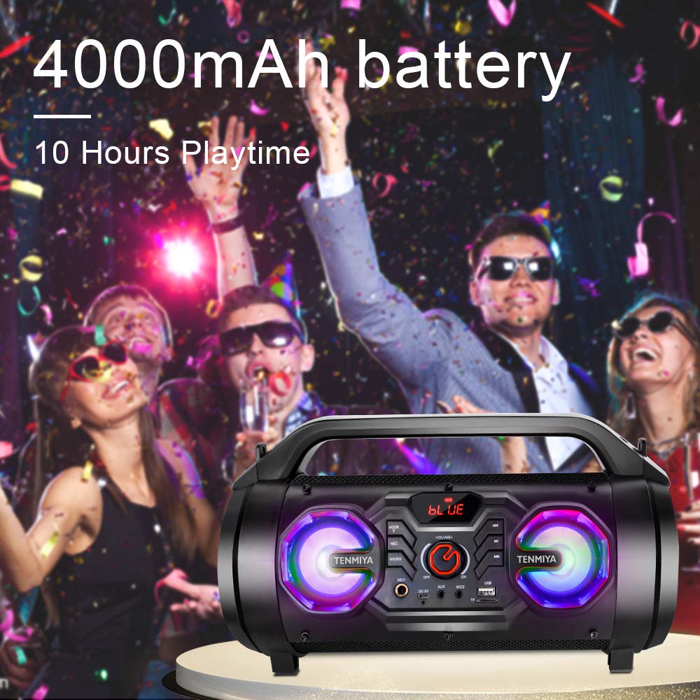 Altavoz Bluetooth portátil con subwoofer, altavoces inalámbricos con graves en auge, radio FM, luces RGB, EQ, sonido estéreo, tiempo de reproducción de 10 horas, altavoz de 30 W para el hogar, al aire