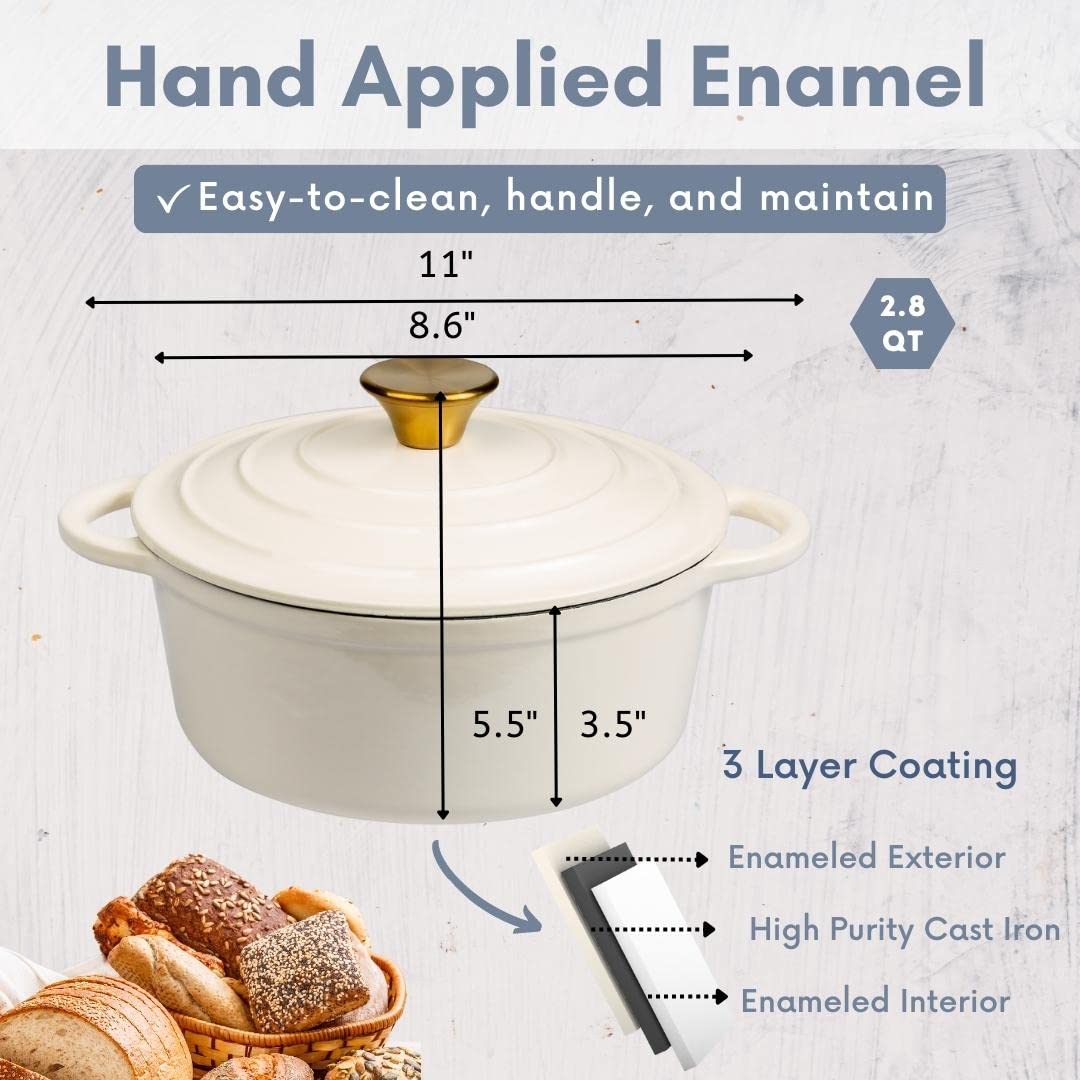Lexi Home - Olla para horno holandesa esmaltada de hierro fundido con tapa, 2.8 cuartos de galón, sartén, servidor de pasta, olla superior de estufa, plato para pan de masa madre, pollo de cocción