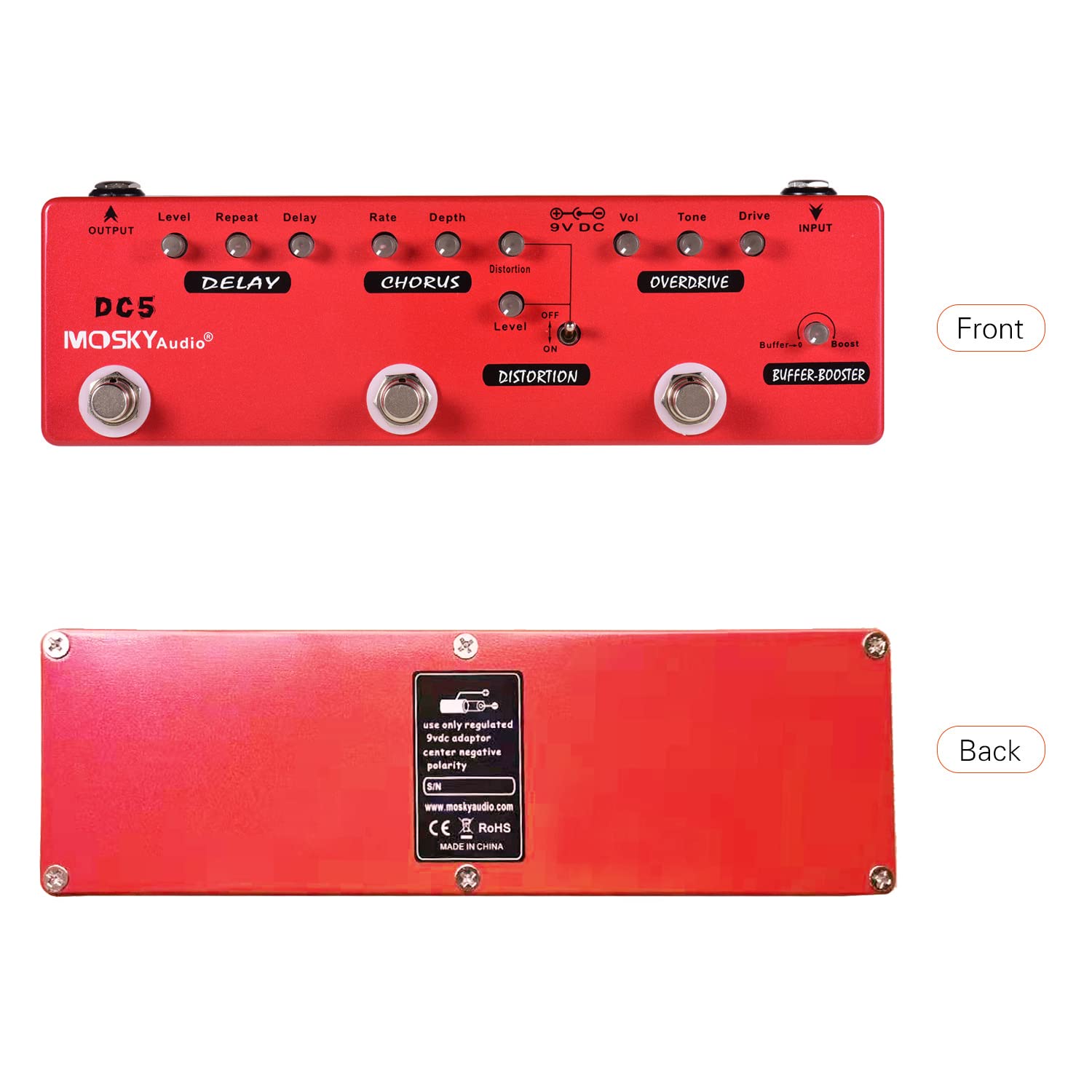 DC5 Pedal multiefectos de guitarra 6 en 1 Delay + Chorus + Distortion + Overdrive + Booster + Buffer Full Metal Shell con True Bypass