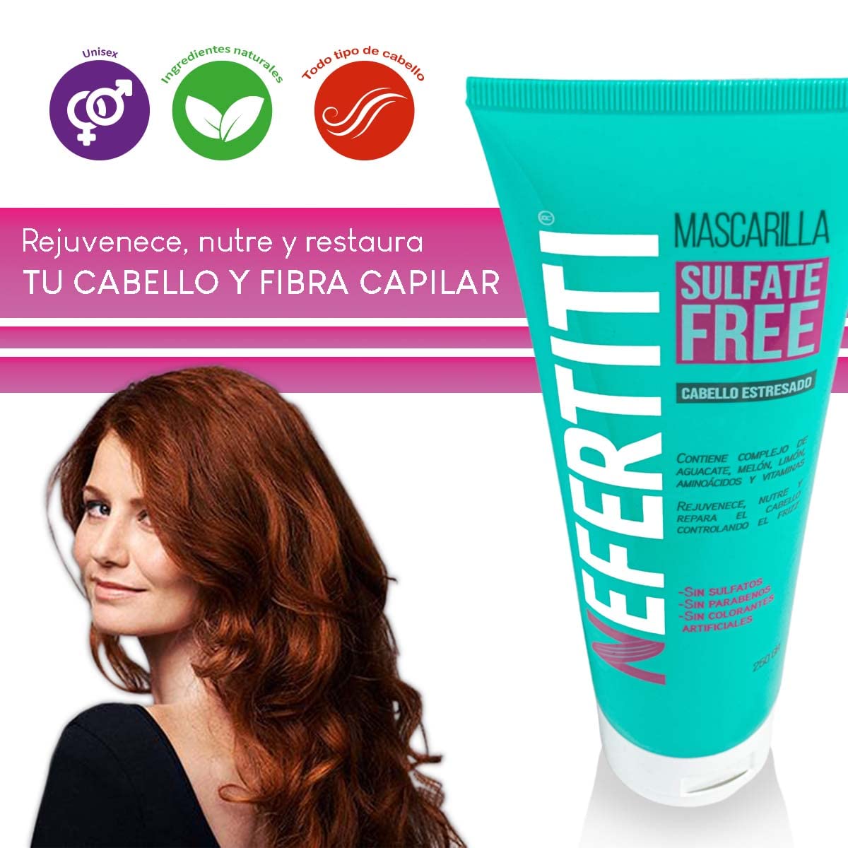 Kit para Cabello Dañado Estresado Shampoo Sin Parabenos y Mascarilla Sulfate Free Nefertiti, Fortalece, Revitaliza y da Mas Brillo al Cabello Débil y/o Maltratado