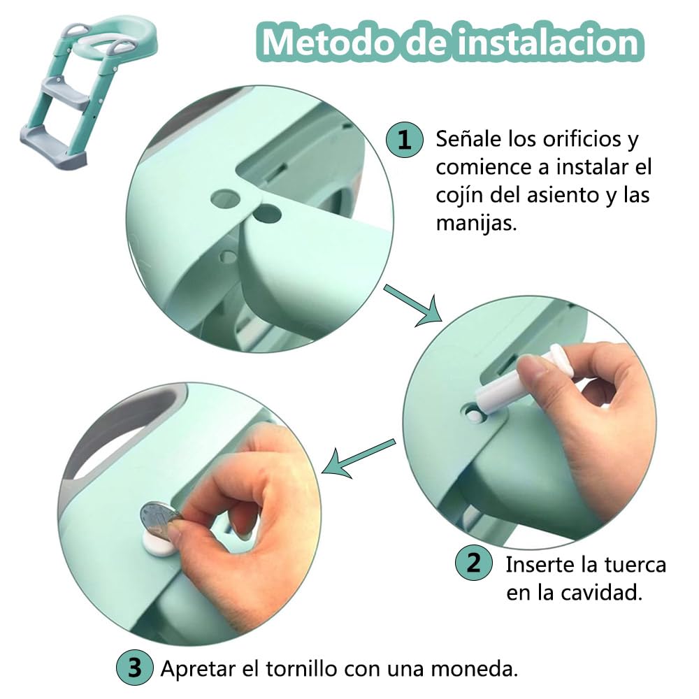 Asiento Entrenador para Baño Infantil Tapizado con Escalera Antideslizante Verde