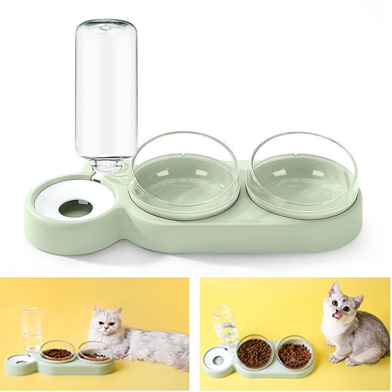 AMONIDA Plato Triple para Mascotas, Diseño Inclinable, Juego de Tazones de Agua para Mascotas, Protección de la Columna Cervical, Inodoro con Botella de Agua, Gato y Perro (Verde)