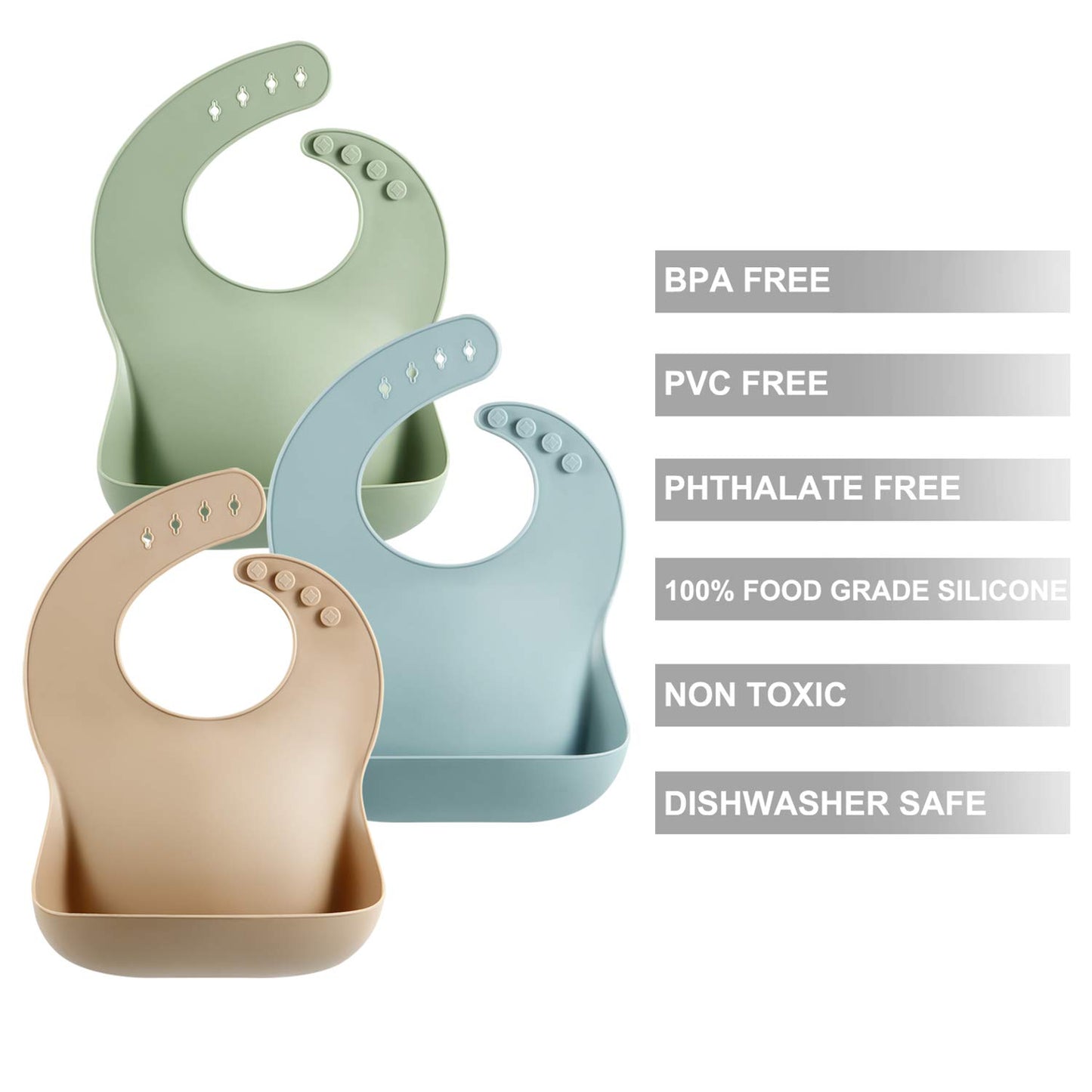 PandaEar - Juego de 3 bonitos baberos de silicona para bebés y niños pequeños (10-72 meses), impermeables, suaves, unisex, no desordenados (marrón/azul/verde)