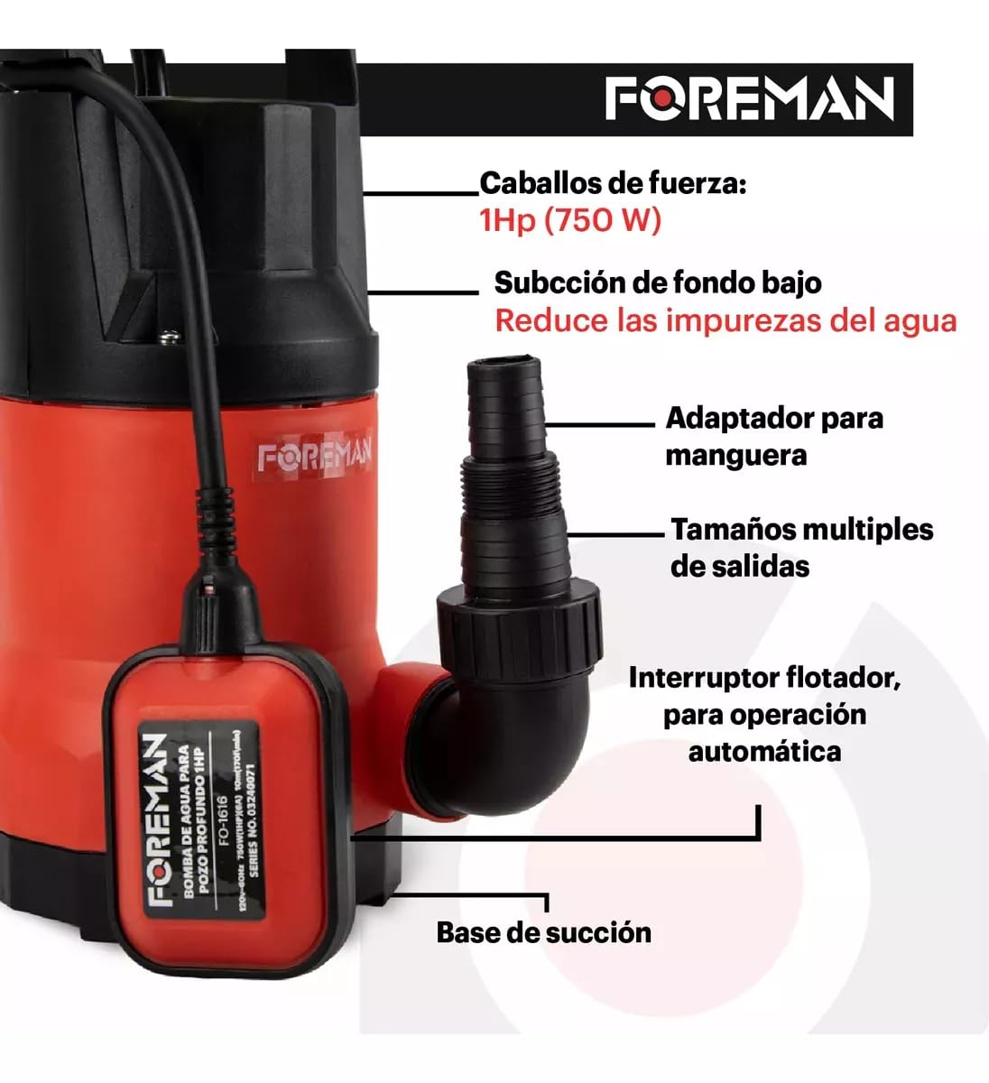 Foreman Bomba Sumergible Plástica | Bomba de Agua Limpia Silencioso Para Fuentes, Pecera, Acuario, Jardín y Estanque | 1Hp 750w 120v | Negro/Rojo