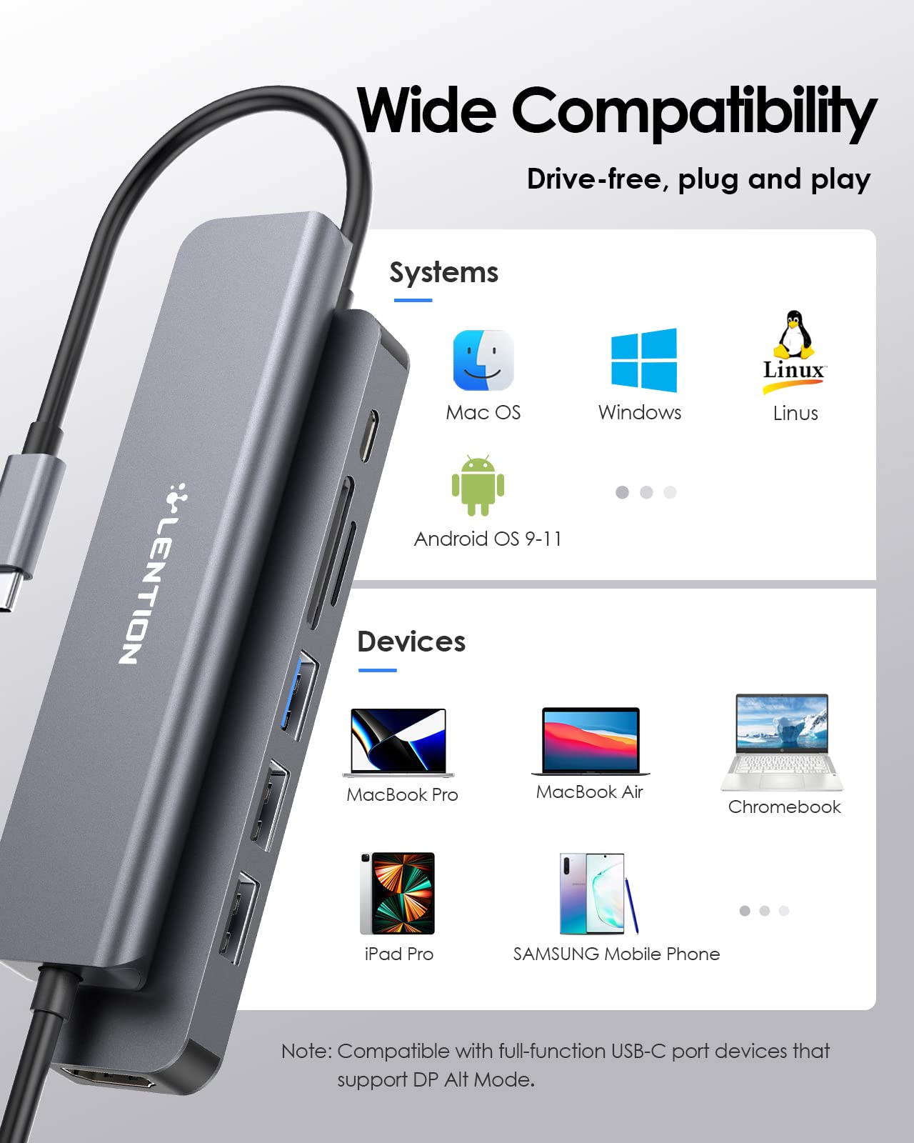 LENTION Hub USB C con Carga 100 W, HDMI 4K, Lector de Tarjeta Dual, USB 3.0 y 2.0 para MacBook Pro 2023-2016, Nuevo Mac Air/Surface, Chromebook, etc, Adaptador con Stable Driver (CE18, Gris Espacial)