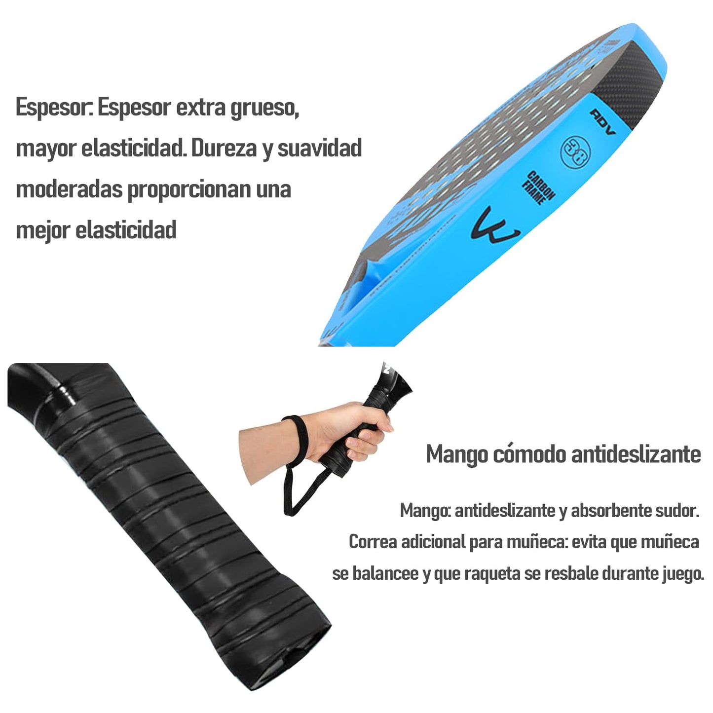 KUEIY Pala de pádel con Funda, con 3 Bolas y Grip, sándwich de Espuma EVA, Fabricada en Fibra de Carbono, Apta para Jugadores Principiantes e intermedios (Azul)