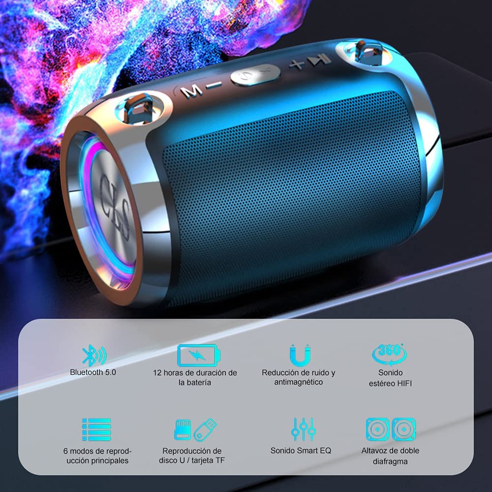 LED Bocina Bluetooth Portátil,Altavoz Inalámbrico Bluetooth， Altavoz Bluetooth Portátil con Sonido Estéreo HD,Alcance de 10 m de Bluetooth,Bajo Rico,Sonido HIFI para Picnics,Fiestas,Exteriores,Viajes