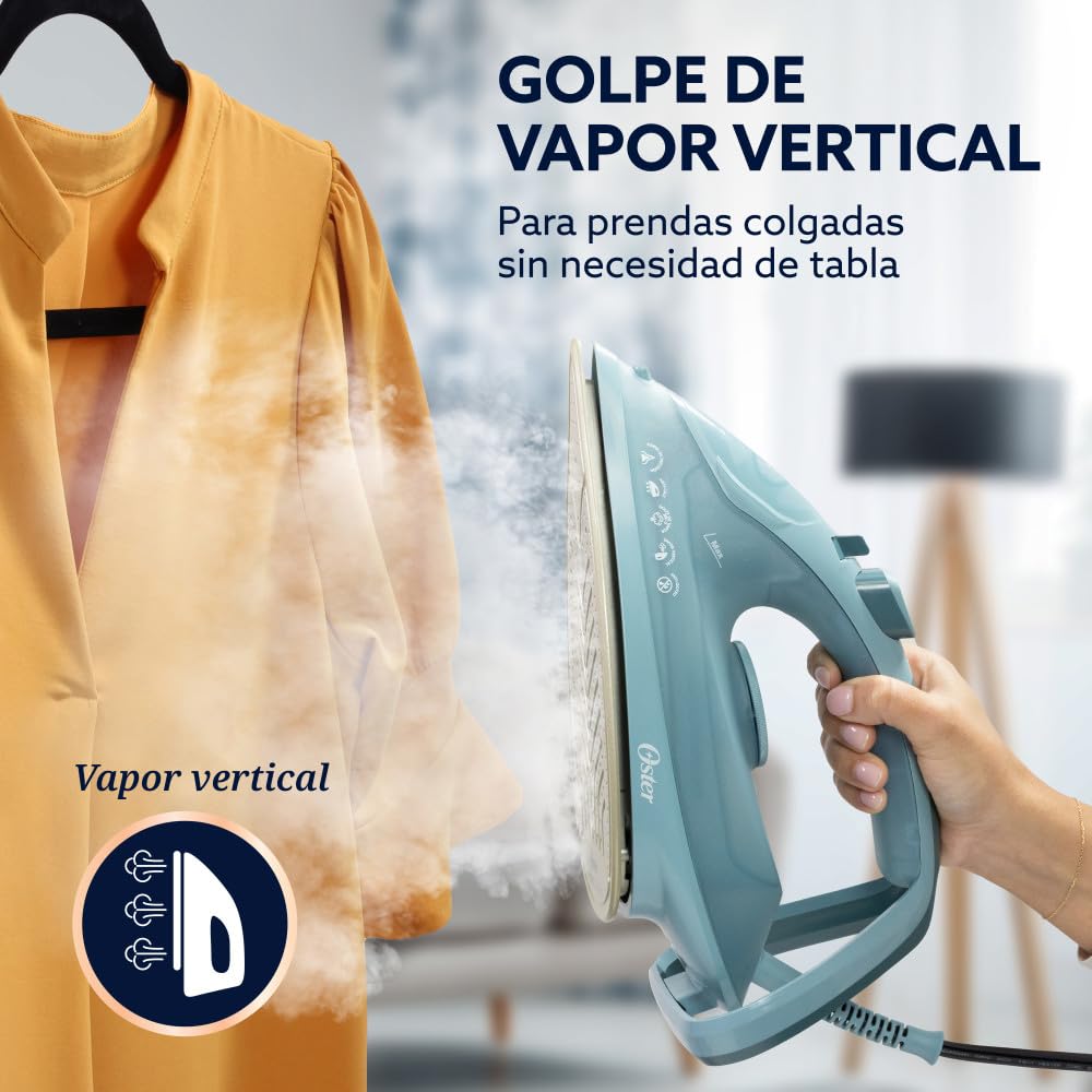Oster Plancha de Vapor, AeroGlide Plus S7400, con Golpe de Vapor 200 g/min, Recubrimiento Metálico Cerámico, Suela con más Cobertura, Tecnología Aeroceramic, Antigoteo, Verde Claro, GCSTAC7402-013