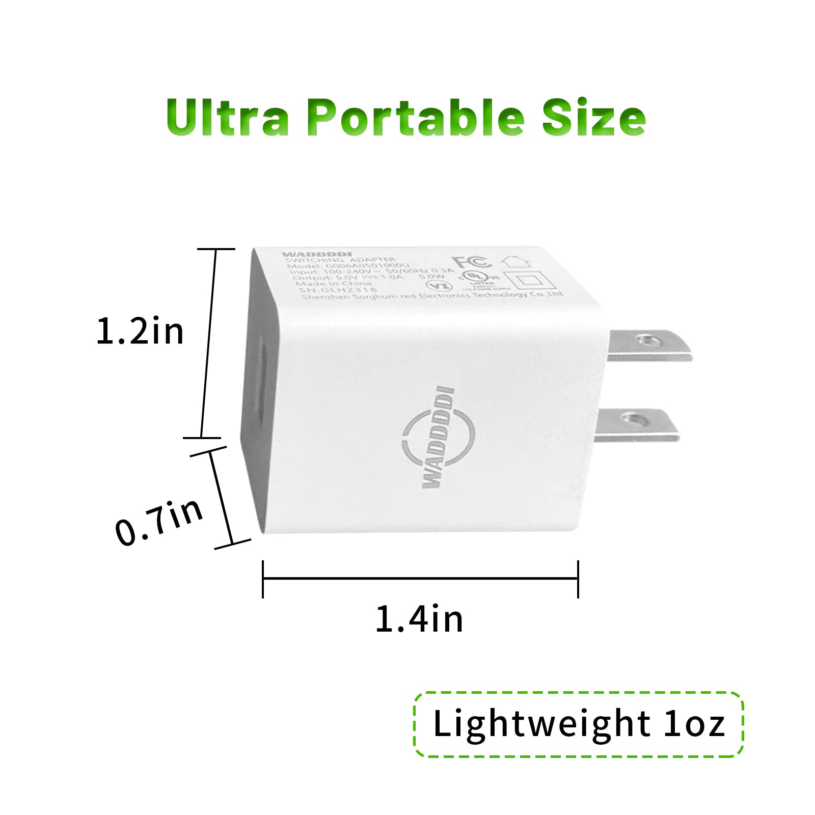 Cargador USB A WADDDDI Negro 1 A 5 V Portátil Certificado UL Paquete de 2 Enchufe de Pared