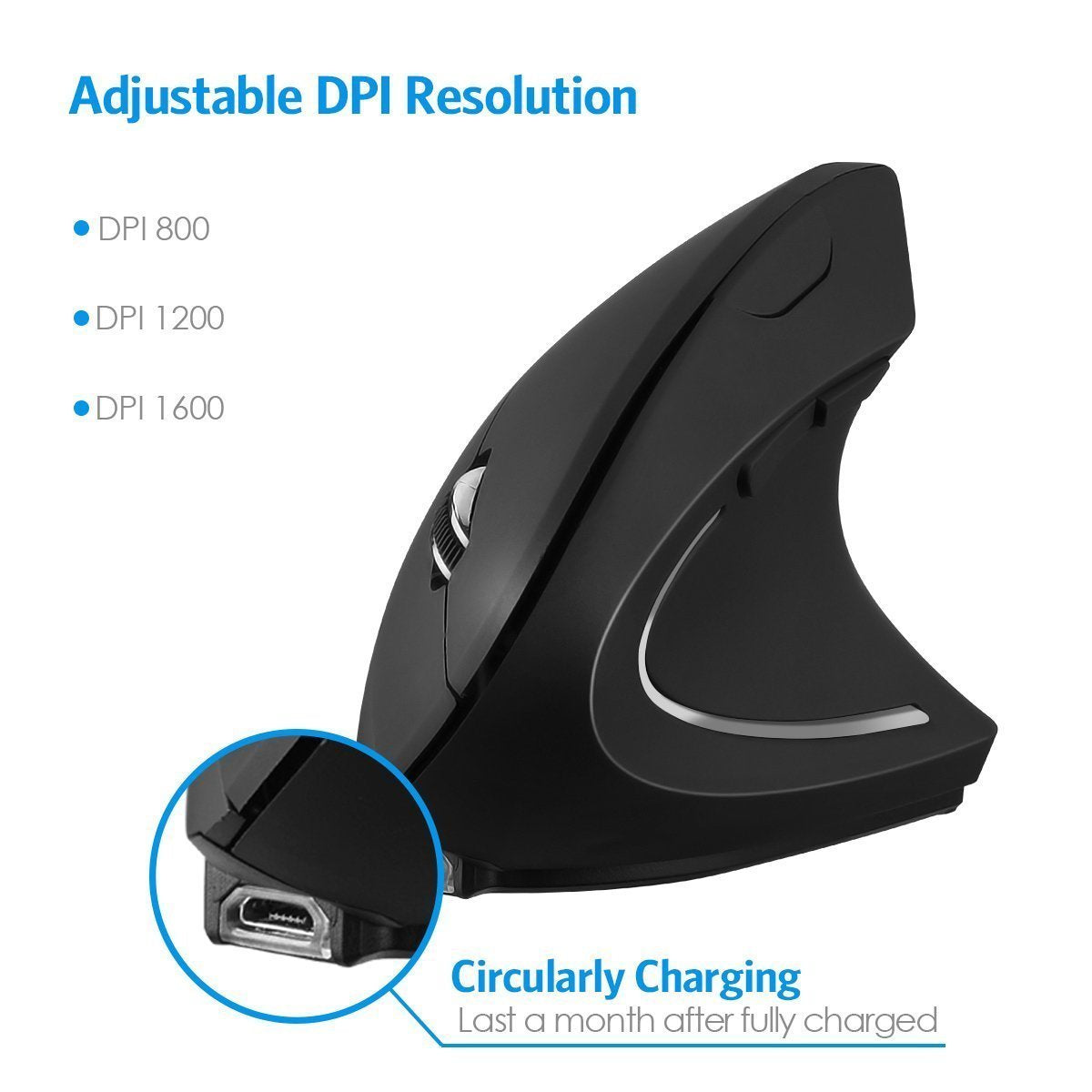 Charlemain Ratón Vertical Inalámbrico Ergonómico Recargable USB Ratón, 2.4 G ratón óptico para PC/portátil/Mac 800/1200/1600 dpi 6 Partes de Control-Negro