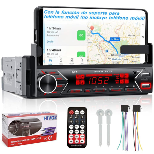 HIMICAR Autoestéreo,Reproductor MP3,Estereo para automovil, 1 DIN con Bluetooth 5.0, FM/Am, AUX, 2 USB, Control Remoto, Soporte para Celular, 7 Colores LED, Compatible con TF/SD