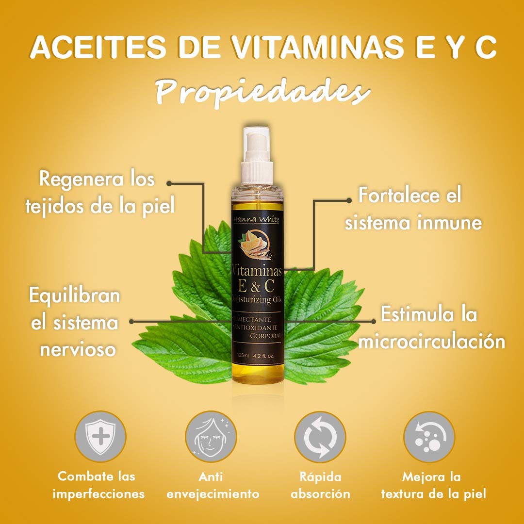 Aceite corporal antioxidante con vitamina E y aloe vera para una piel radiante y joven.