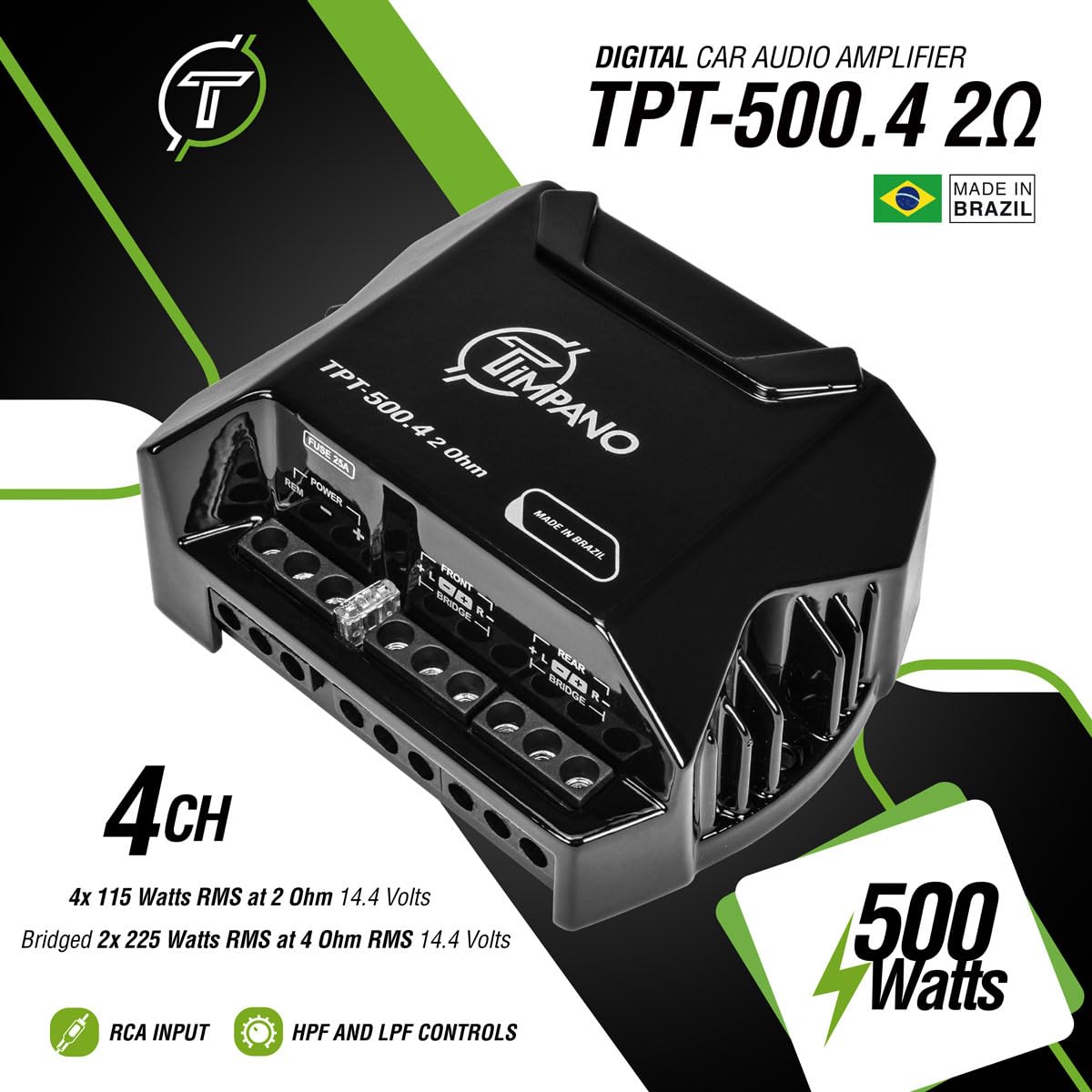Amplificador de Audio de 4 Canales Timpano TPT-500.4 Negro Clase D para Coche