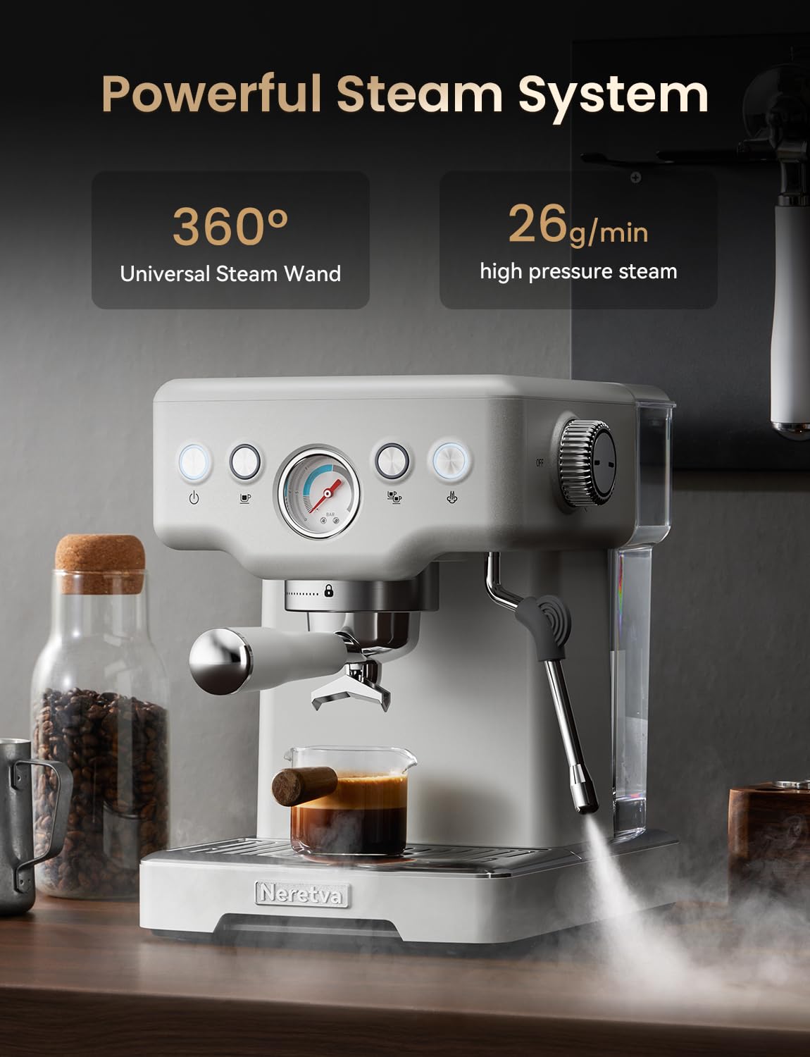 Máquina de Café Expreso Neretva Acero Inoxidable 1450 W con Espumador y Medidor de Presión 15 Bares para Café Expreso, Latte, Capuchino Casero