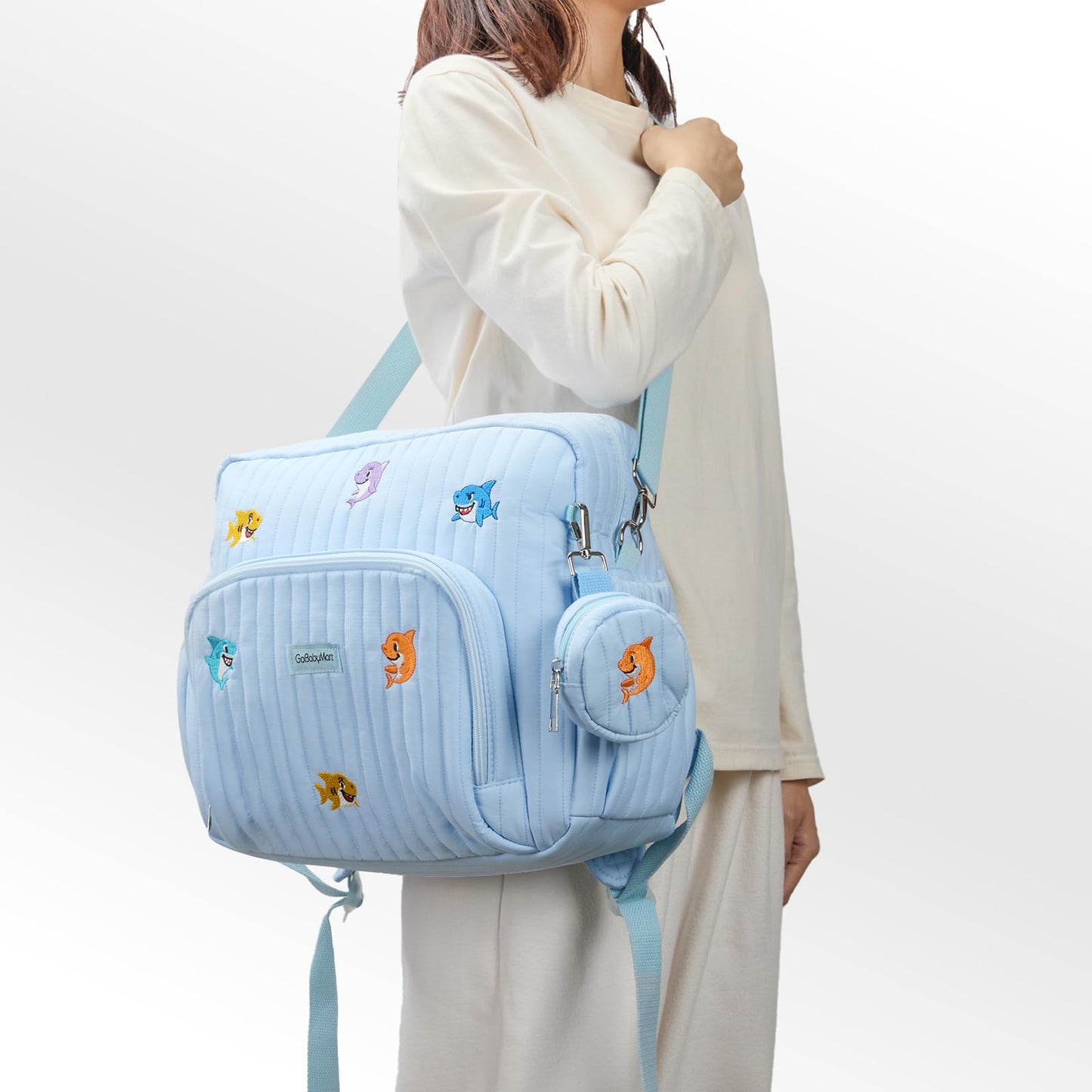 GOBABYMART - Mochila para pañales con cambiador, bolsa de viaje para bebé, bolsillos aislados para botellas, correas para carriola (mediano - tiburones azules)