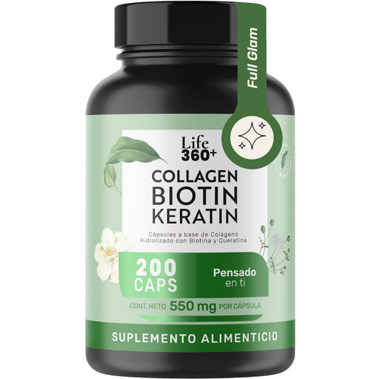 LIFE 360+ Collagen Biotin Keratin | 200 Cápsulas | Biotina, Queratina y Colageno Hidrolizado | Suplemento Alimenticio en Cápsulas a Base de Colágeno con Biotina y Keratina