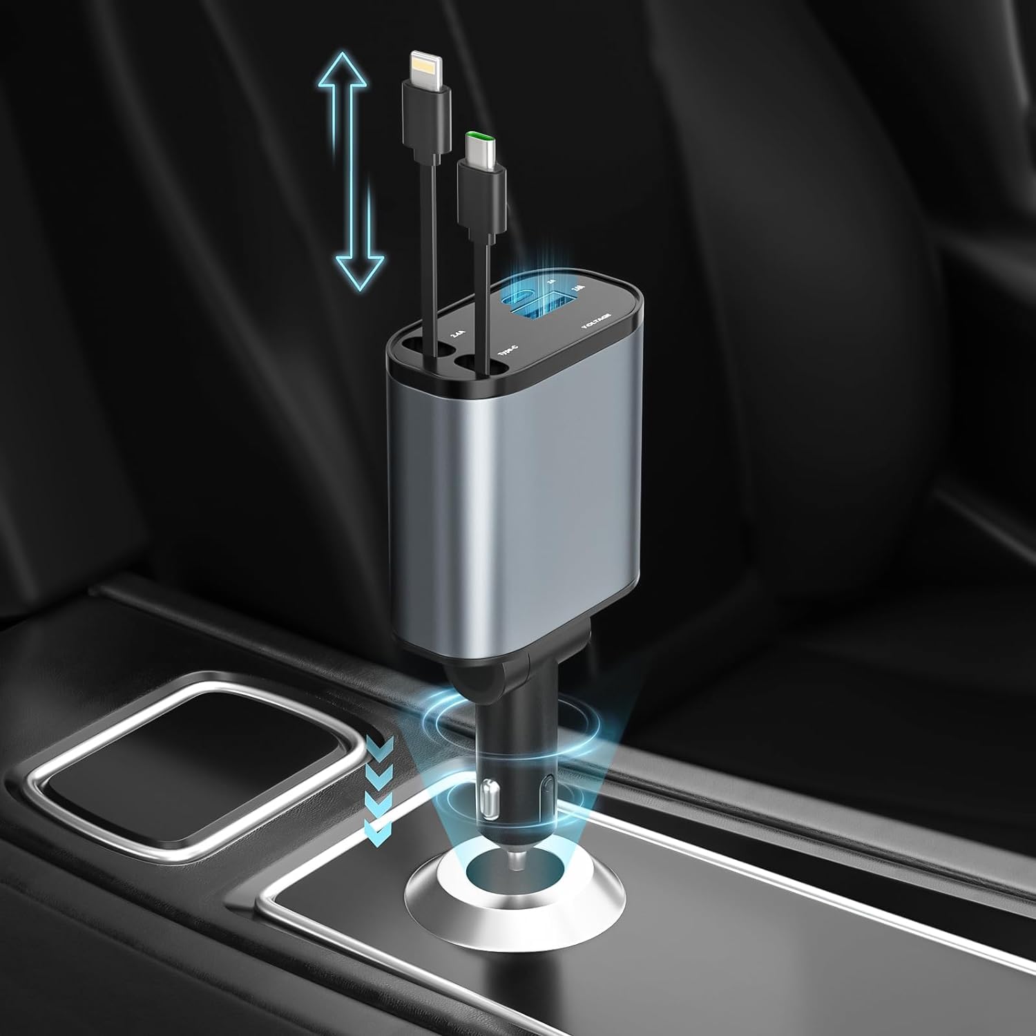 HSZSXJK Cargador para Auto, Cargador USB C 4 en 1 de 120 W, Cables retráctiles (80cm) y Adaptador de Cargador de Coche, Compatible con iPhone 15/14/13/12/11 Pro MAX, Galaxy
