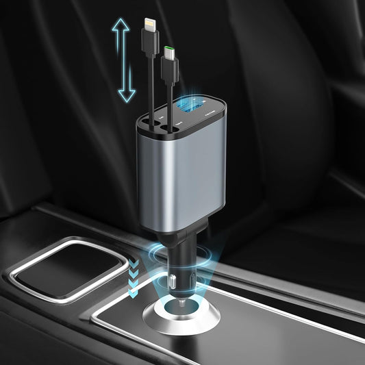HSZSXJK Cargador para Auto, Cargador USB C 4 en 1 de 120 W, Cables retráctiles (80cm) y Adaptador de Cargador de Coche, Compatible con iPhone 15/14/13/12/11 Pro MAX, Galaxy