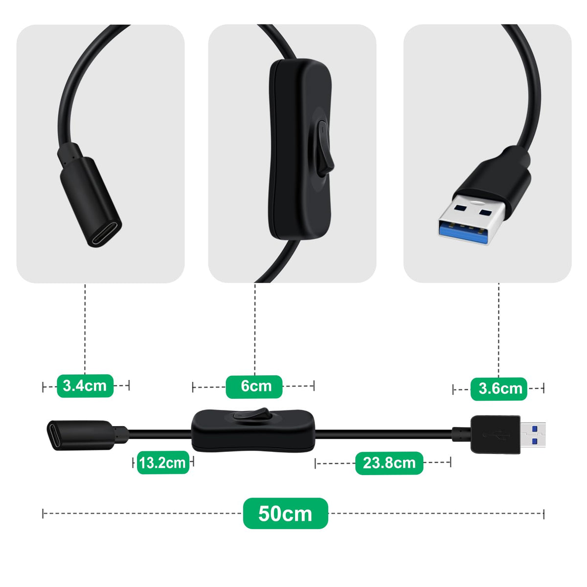 Cable Adaptador USB 3.0 HuaLiSiJi Negro con Interruptor para Teléfonos y Dispositivos