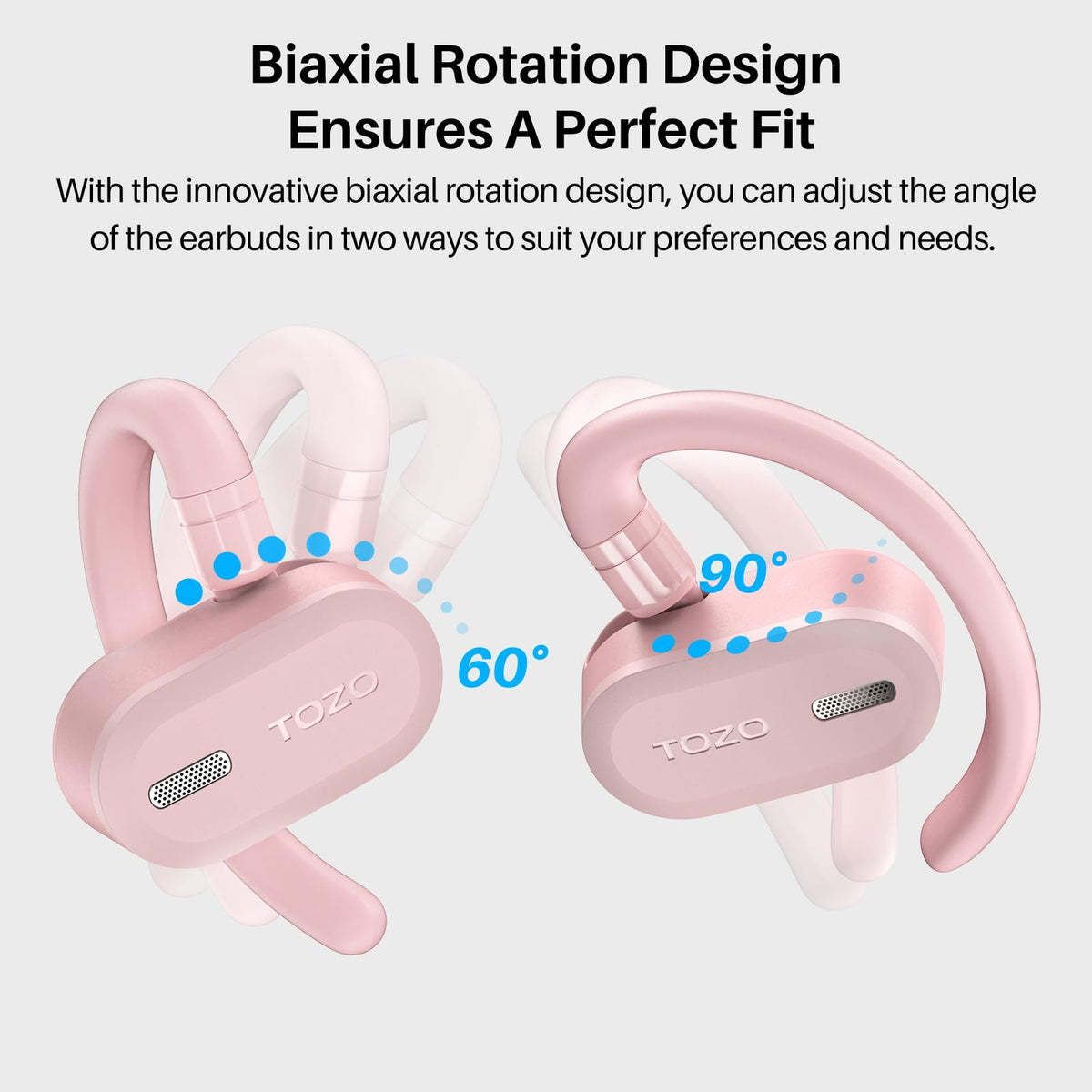 Auriculares Inalámbricos TOZO O2 Rosa con Ajuste Multiángulo y Diseño de Doble Eje para Comodidad Duradera