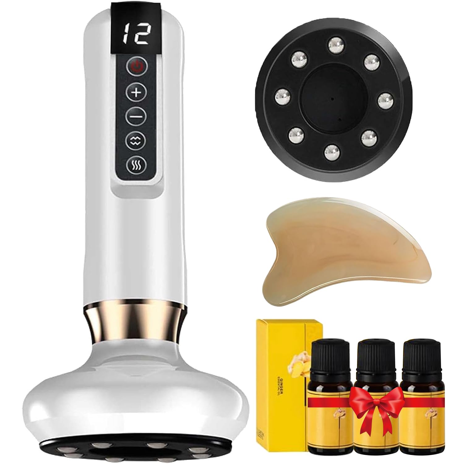 Masajeador Celulitis, Raspador Masajeador EléCtrico, 12 Velocidades con Calor, Incluye Gua Sha y Aceites Esenciales - Mejora Circulación y Firmeza Cutánea, para Abdomen, Piernas, Brazos (Blanco)