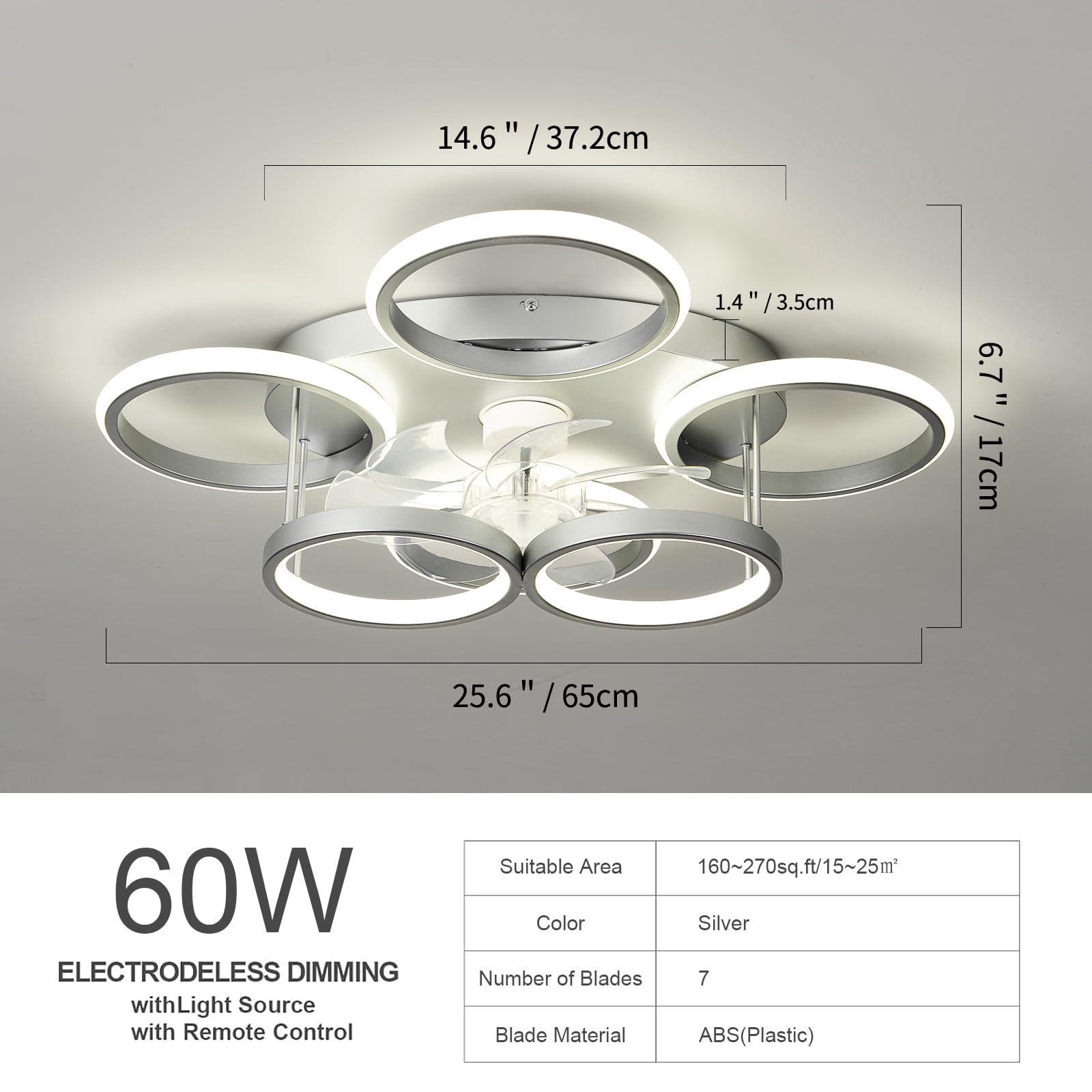 Lámpara de techo con ventilador de 25.6 pulgadas, moderno control remoto regulable Fandelier montaje empotrado, ventilador inteligente de techo de recámara con LED, cambio de color continuo de 3000 a