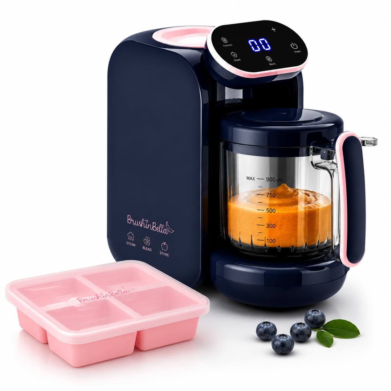 BrushinBella - Procesador de alimentos para bebés 5 en 1 con bandeja de sopa, máquina para hacer purés de bebé, amoladora, vapor, visualización táctil, mezcla automática y manual, calentador de