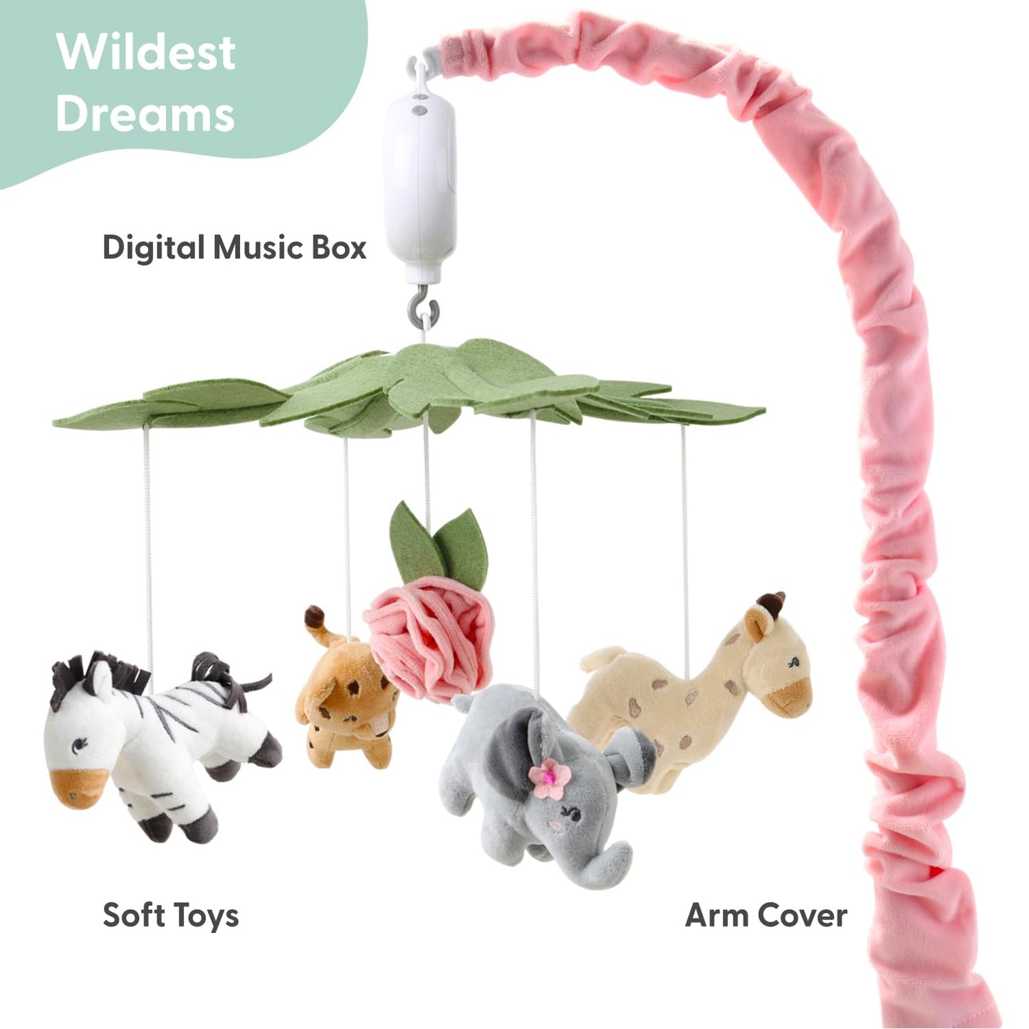 Móvil para cuna de bebé The Peanutshell para niñas - Móvil suave rosa musical para cuna con 12 canciones de cuna, lindo animal decoración de habitación para bebé de sueños salvajes