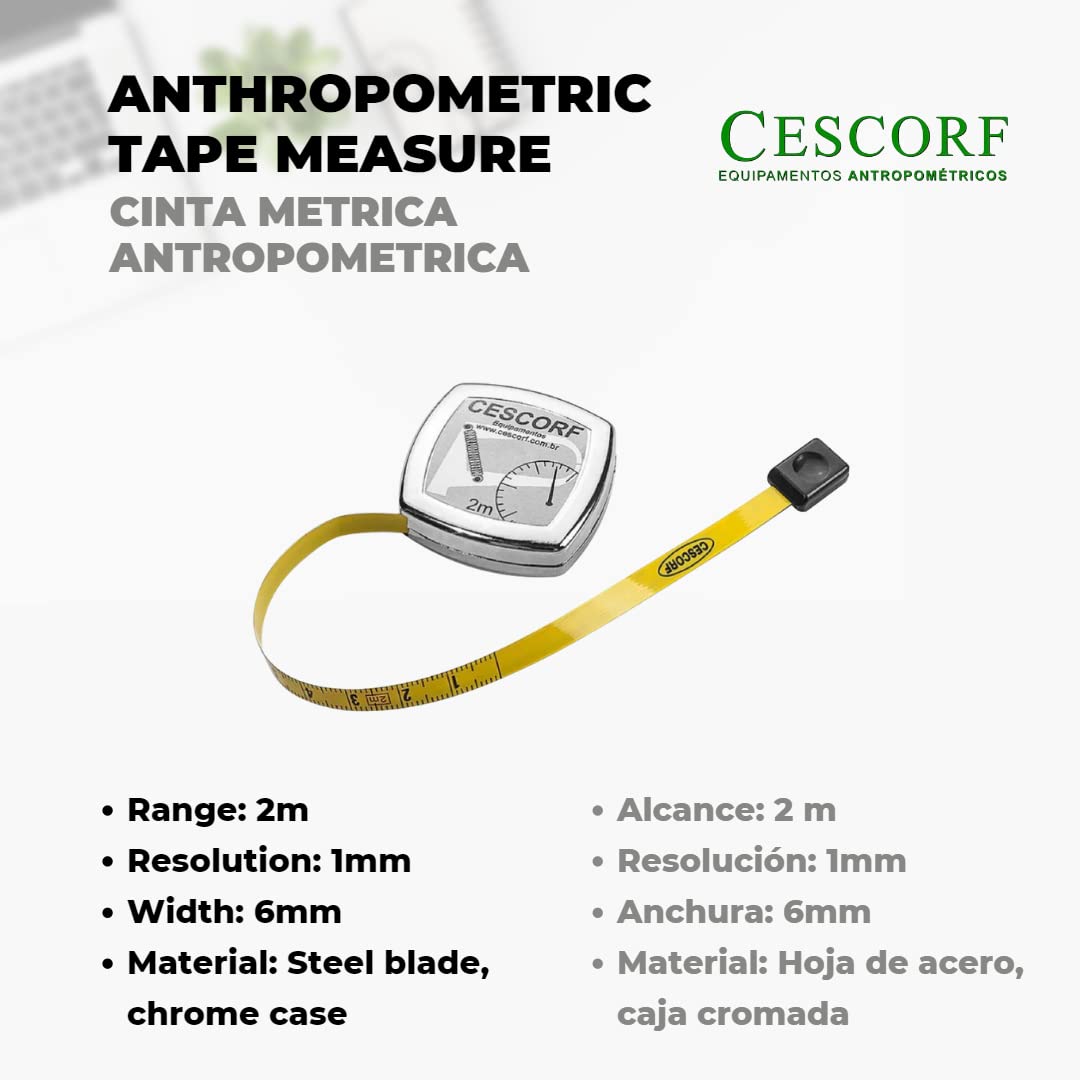 Cescorf Cinta Métrica Antropometrica para Medir Perimetros Corporales, con Hoja Plana de Acero Flexible, Precision de 1mm, Rango de 2m, Espacio Blanco Antes del Cero, Ideal para Nutricionistas