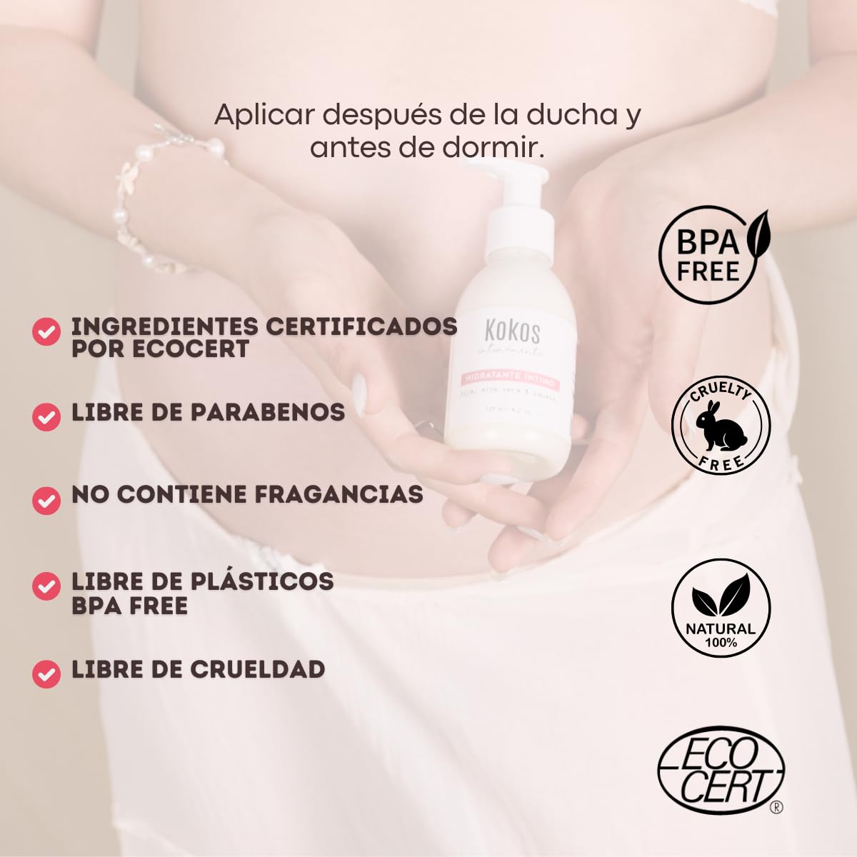 KOKOS Organic, Hidratante Vaginal, Alivia resequedad y sensibilidad en la zona íntima, Protege la zona vulvar, No contiene químicos, Contenido 120 ml.
